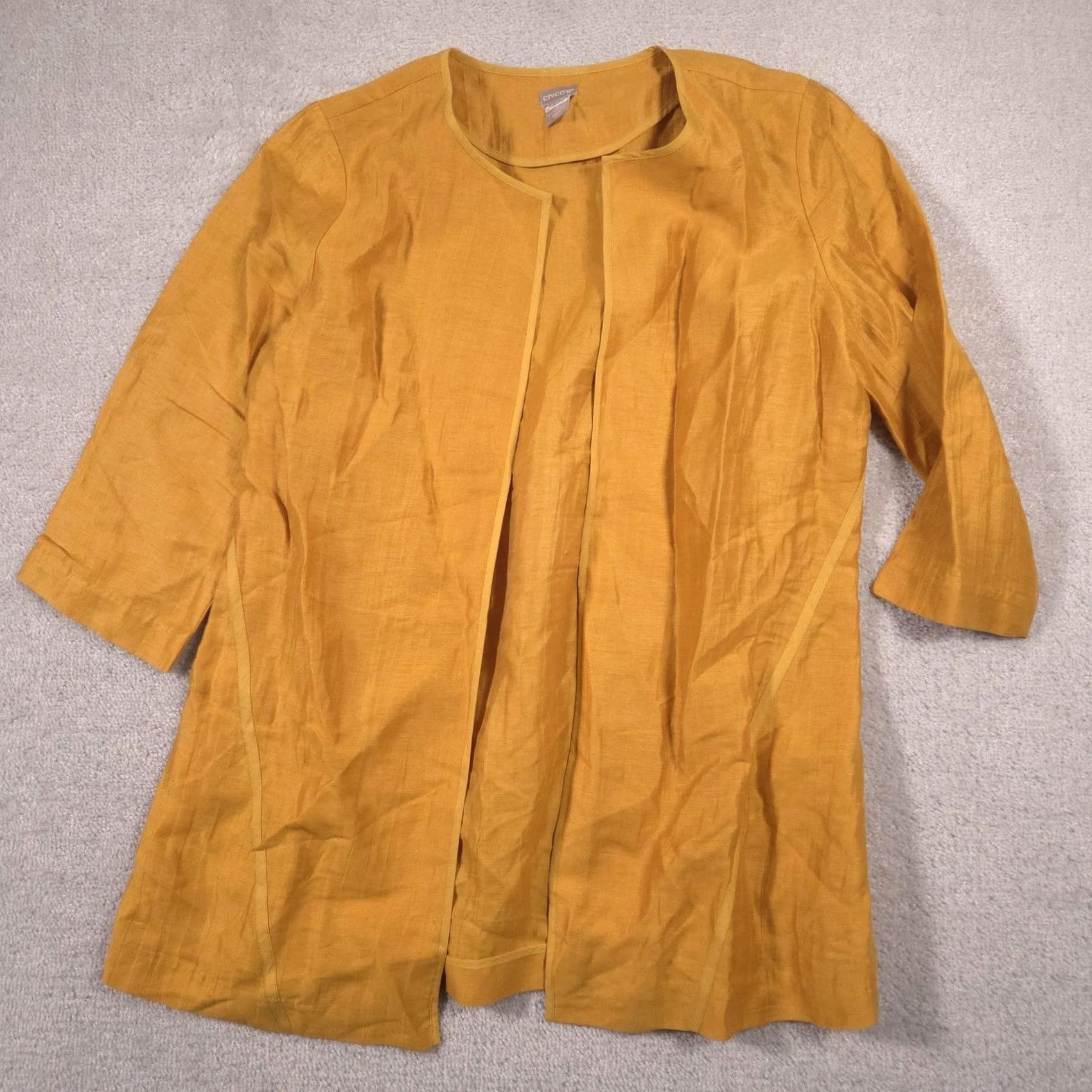 Vintage Chico's Jacket Womens 2 Yellow Linen Open Front Collarless Lightweight Mid-Length 3/4 Sleeve Relaxed Casual Business Womens Size XS / US 0-2 / IT 36-38 - 2 Thumbnail