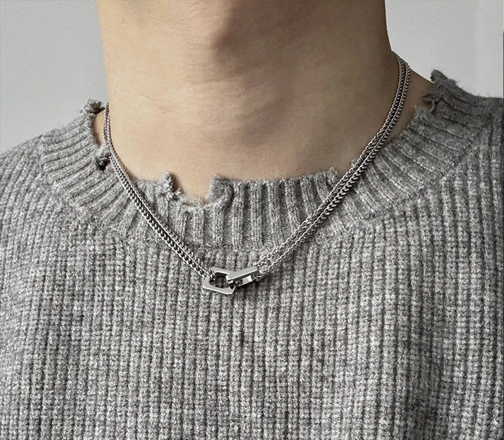 Jewelry 45cm Trend Double Block Lock Titanium Steel Necklace Size ONE SIZE - 3 Thumbnail