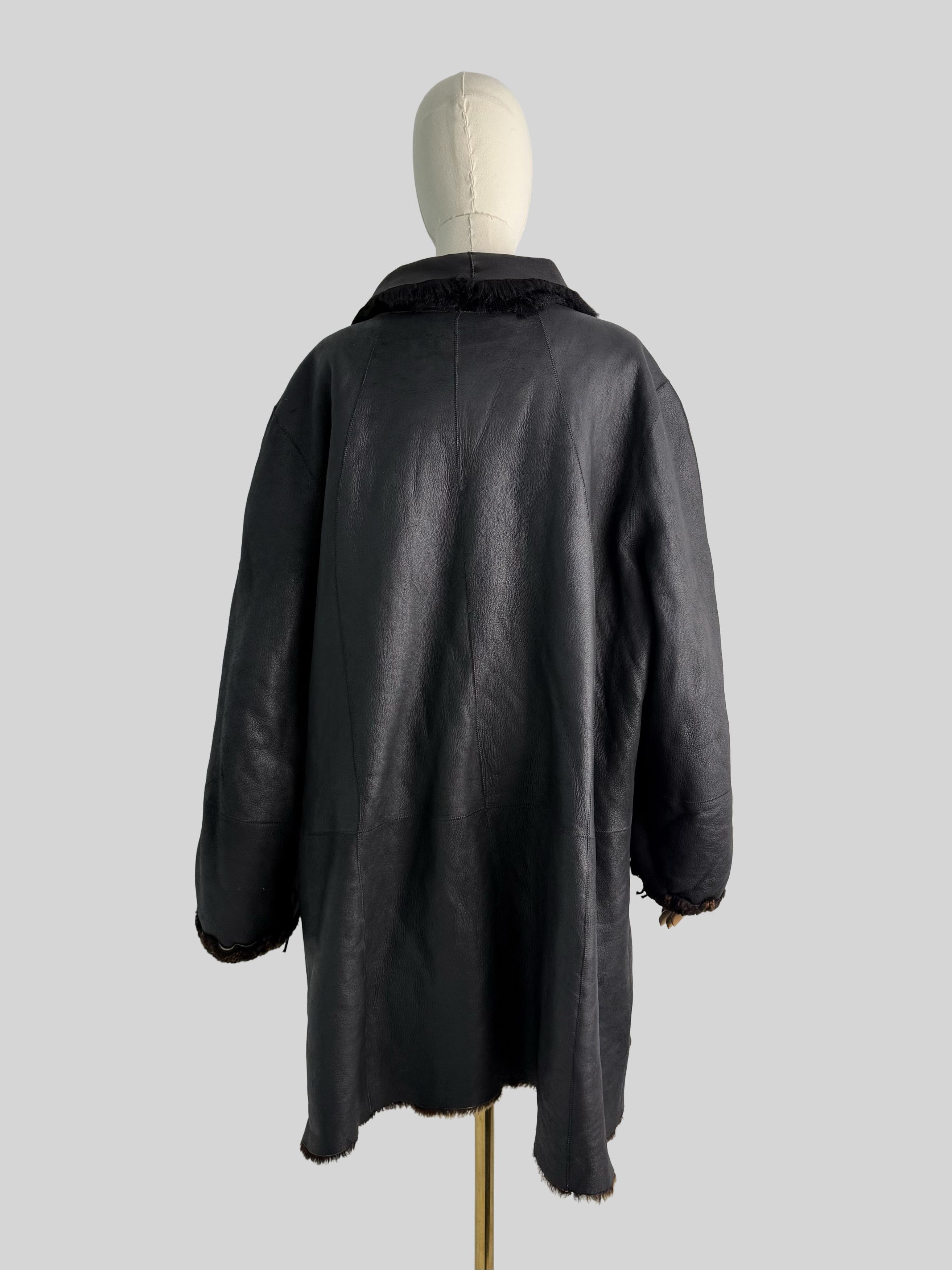 Vintage Vintage Black Shearling Leather Coat Winter Jacket Y2K (ET1) Size XL / US 12-14 / IT 48-50 - 4 Thumbnail