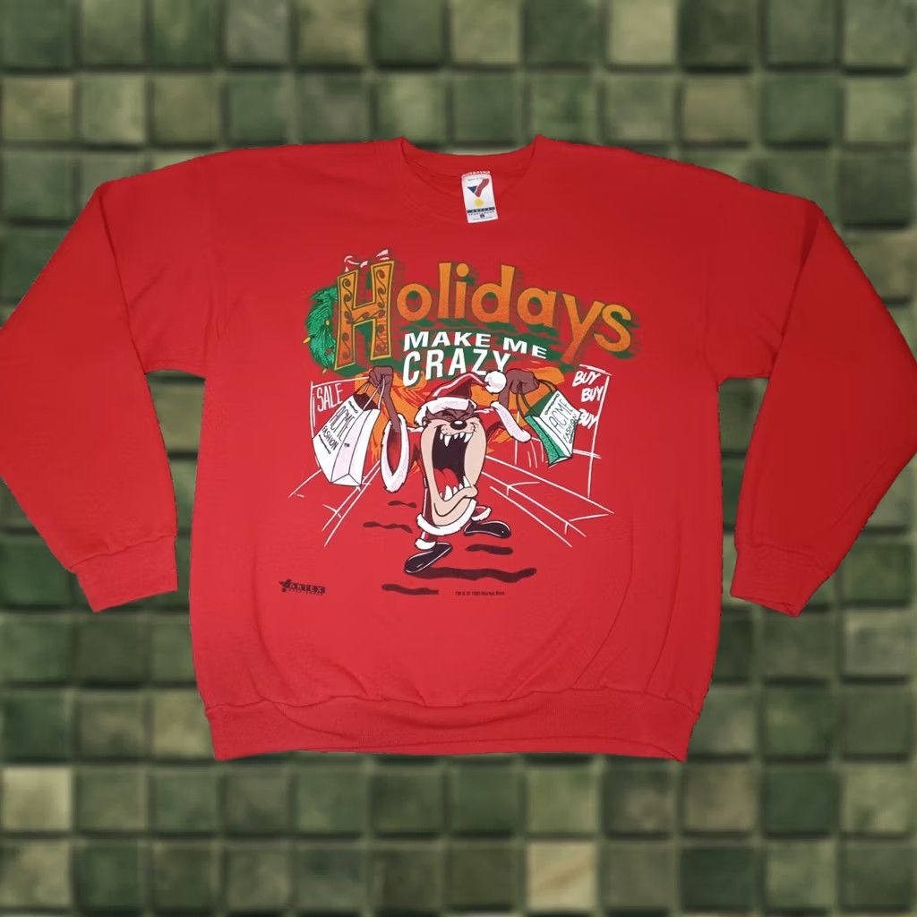 Vintage VINTAGE Artex Looney Tunes Sweatshirt Christmas Holidays Make Me Crazy Tazmanian Devil Red Large 90s Mens Womens Size US L / EU 52-54 / 3 - 1 Thumbnail