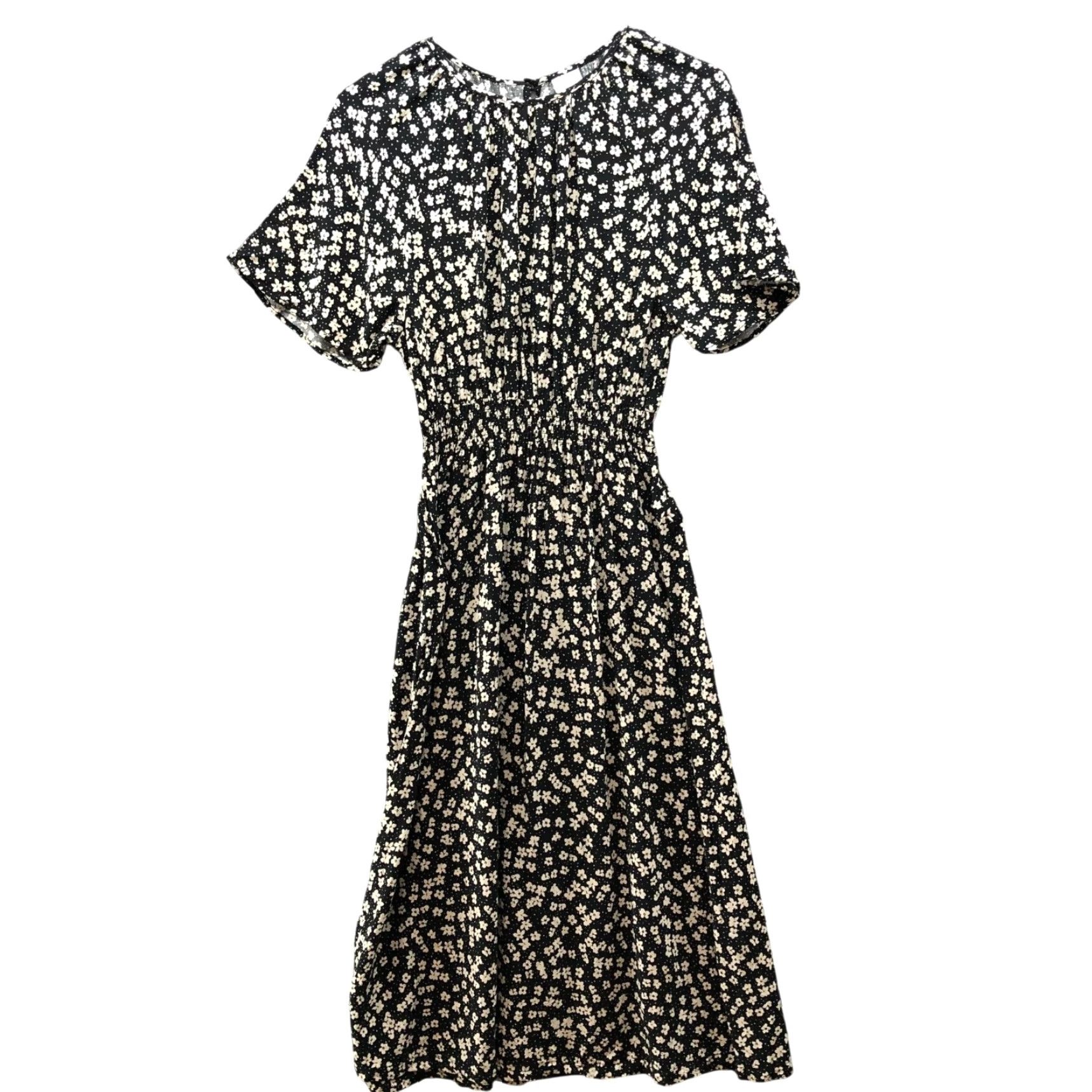 H&M H&M Midi Dress Womens XS Black Beige Floral Short Sleeve Smocked Waist A-Line Size 26" / US 2 / IT 38 - 2 Thumbnail