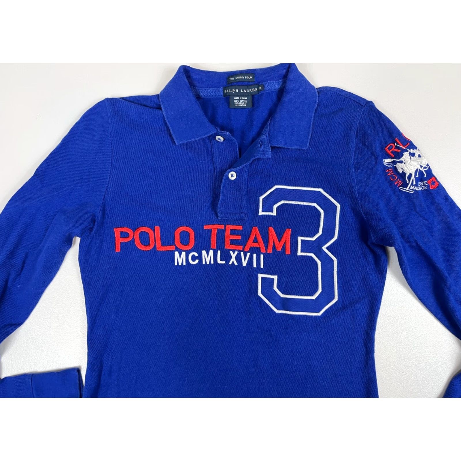 Ralph Lauren Ralph Lauren Women's The Skinny Polo Shirt Long Sleeve Embroidered Sz M Blue Cotton 100% Polo Shirt Vintage: No Size M / US 6-8 / IT 42-44 - 5 Thumbnail