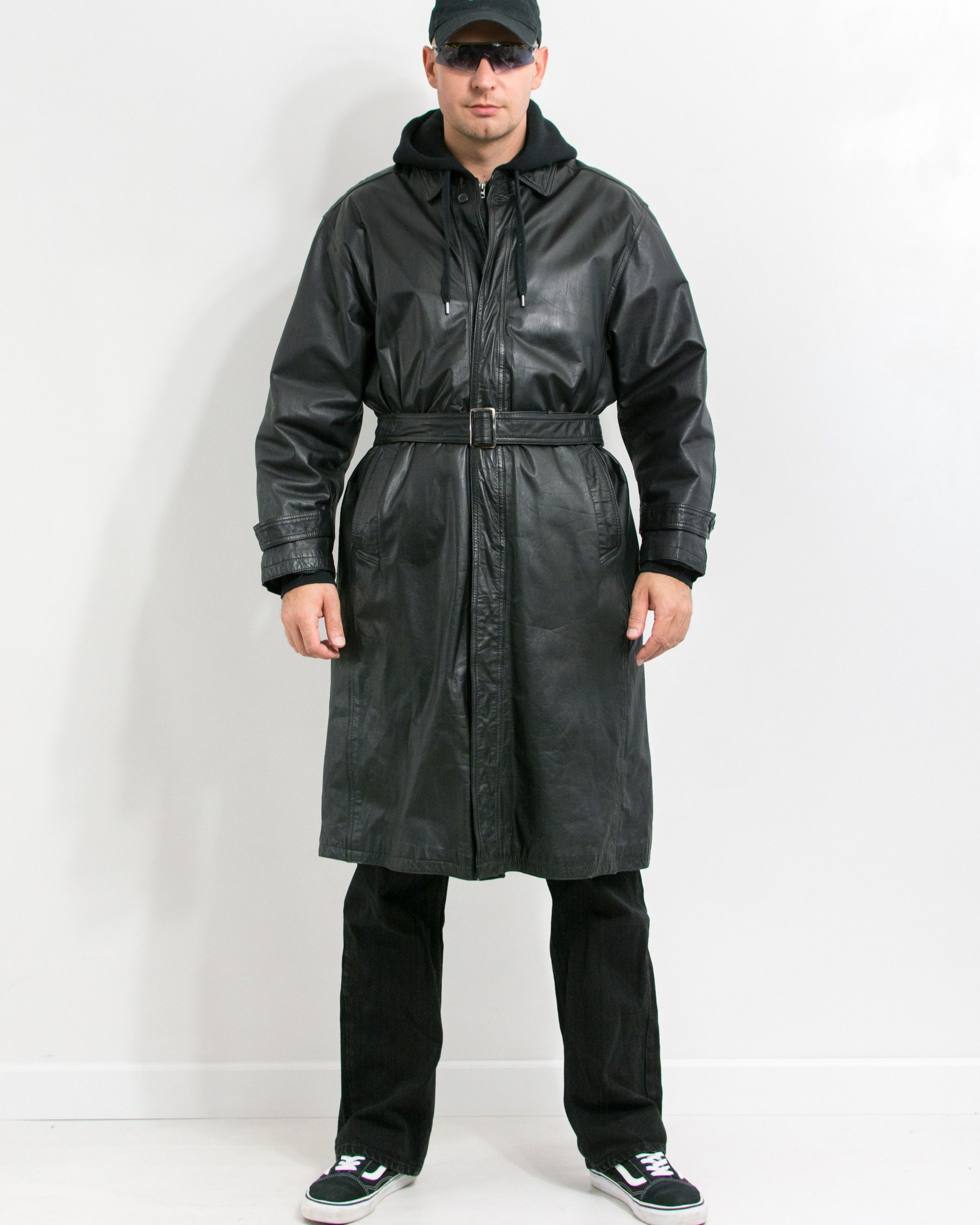 Genuine Leather × Vintage Vintage 90s Black Leather Trench Coat Men’s Size L Size US L / EU 52-54 / 3 - 1 Thumbnail
