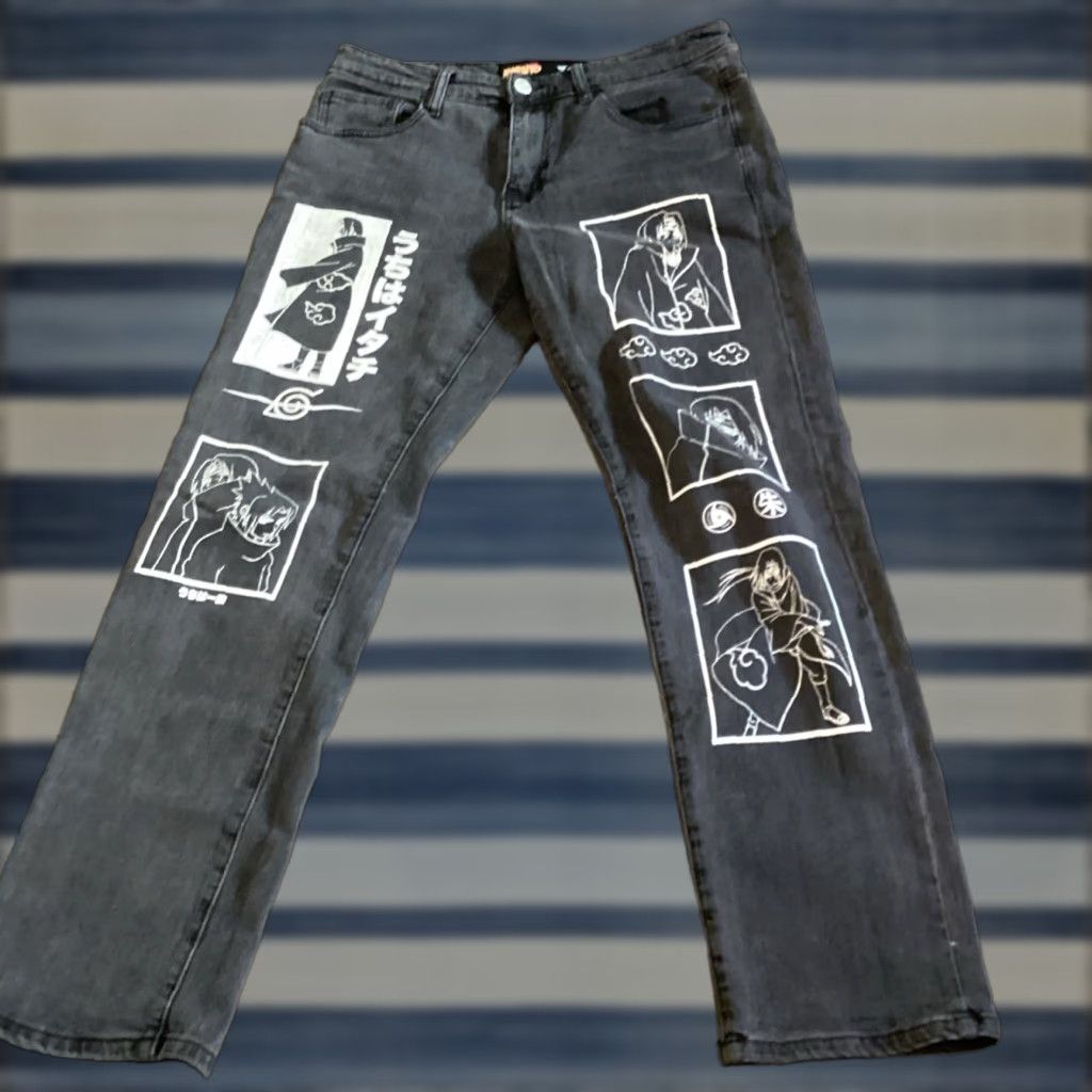 Naruto Hypland Jeans 32X28 Black Dark Wash Graphic Print Sasuke Itachi Uchiha Mens