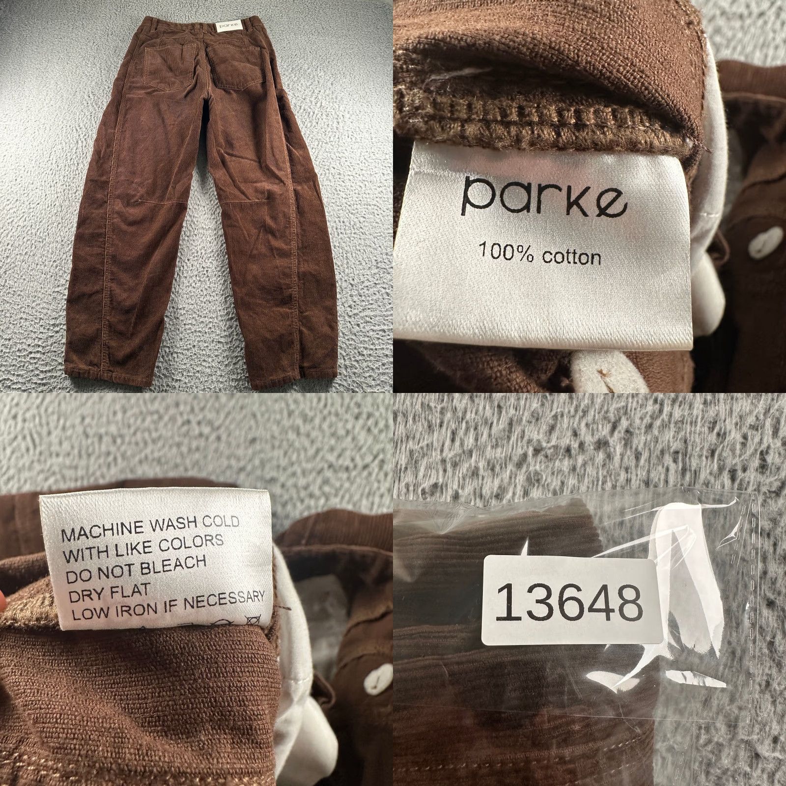 Parker Parke Corduroy Pants Womens 24 Brown Barrel Leg High Rise Button Fly 100% Cotton Size 42" / US 20 - 9 Thumbnail