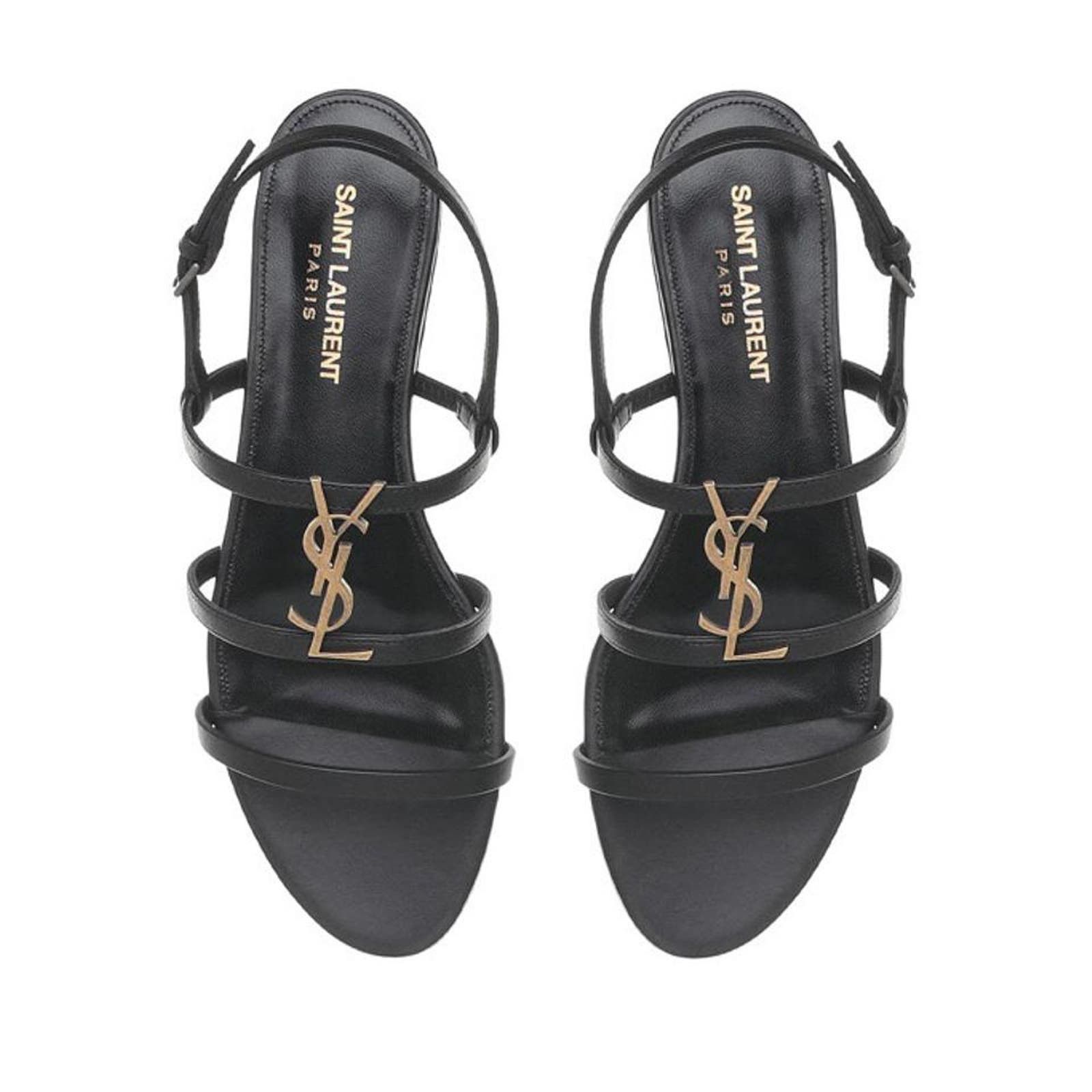 image of Saint Laurent Paris Saint Laurent Cassandra YSL Monogram Logo Leather Sandals 38 in Black, Women's