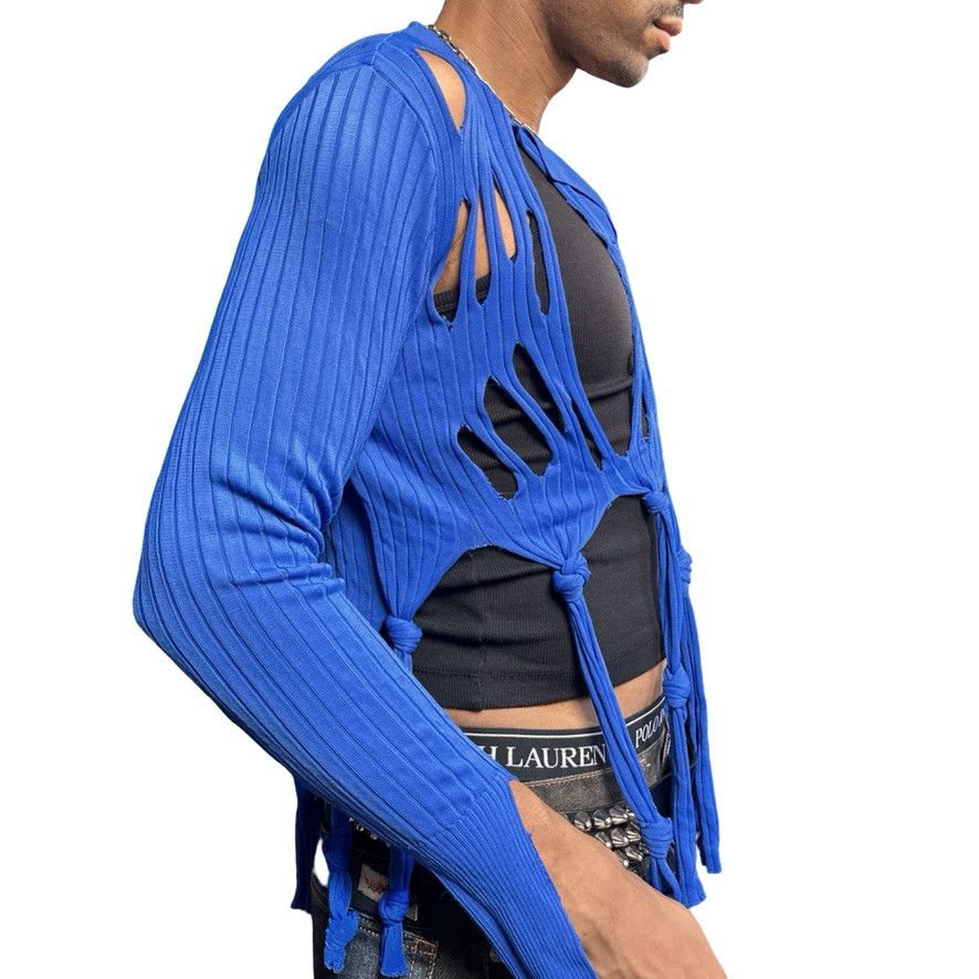 Other ASTROBOI* Blue Open Knit Ribbed Knotted Polo Sweater - Large Size US L / EU 52-54 / 3 - 6 Thumbnail