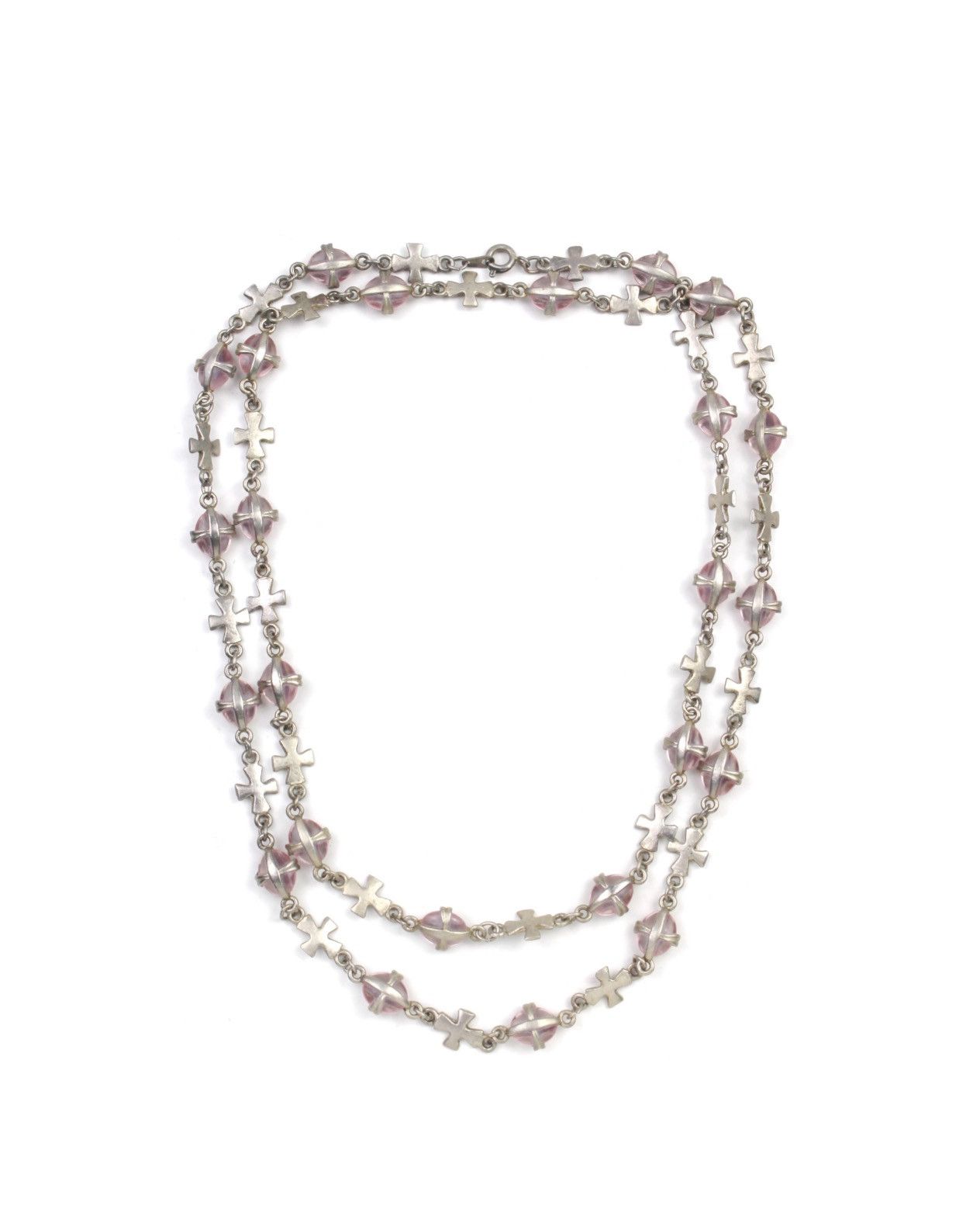 2000S JAPANESE MADE CROSS & PINK GLASS BEAD NECKLACE