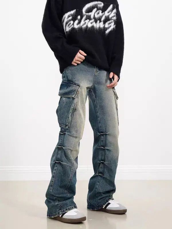 Japanese Brand VIBE washed pocket pleated micro-flare baggy jeans Size US 29 - 5 Thumbnail
