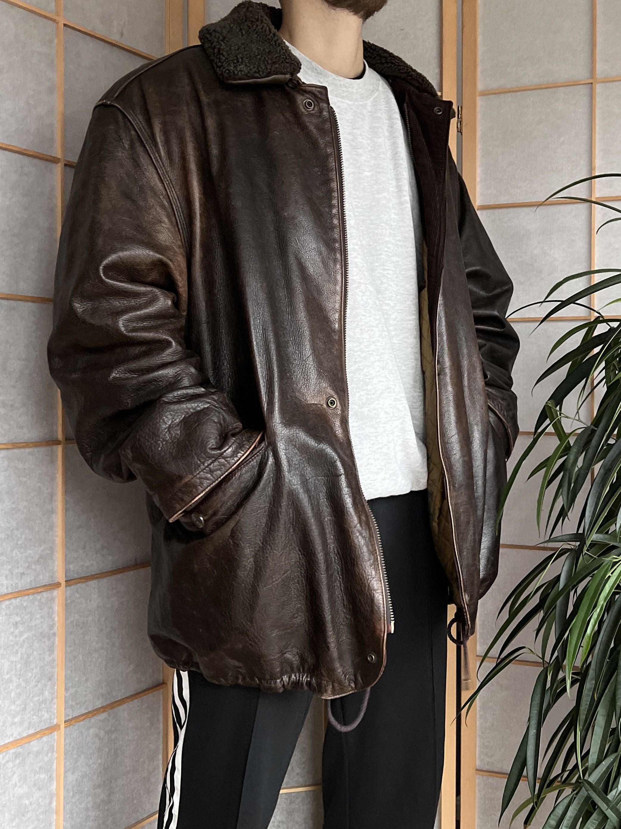 Other Crazy fit! VTG 90s Leather long hard coat jacket fur collar Size US XL / EU 56 / 4 - 4 Thumbnail