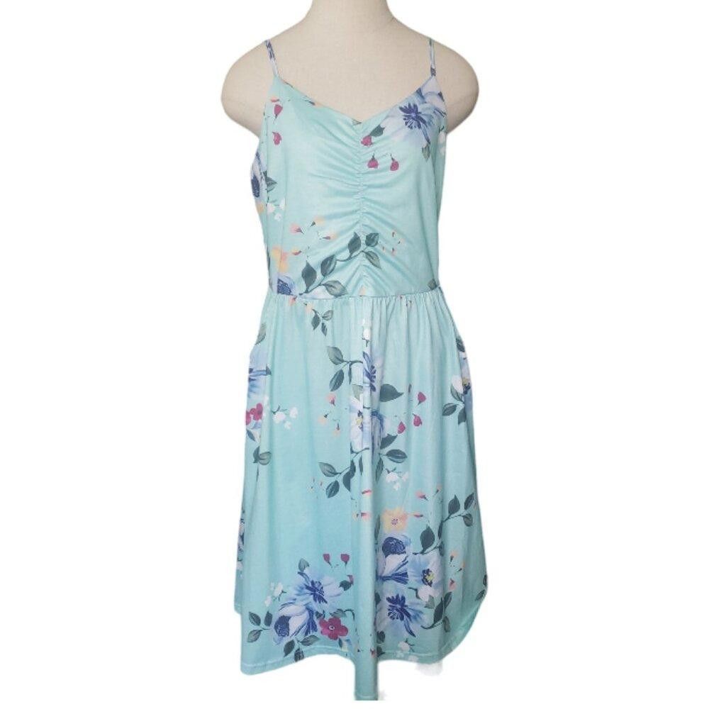 Designer CT340 Yathon Aqua Floral Spaghetti Strap Dress Size L / US 10 / IT 46 - 1 Thumbnail