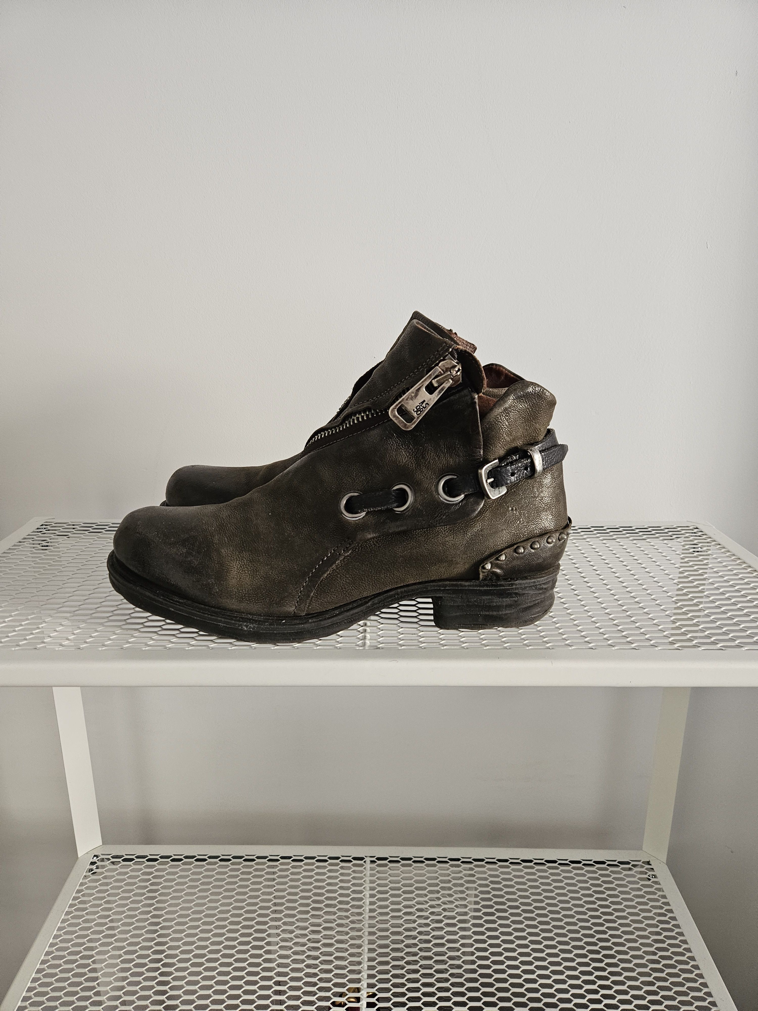 Pre-owned A S 98 As98 Green Leather Zip Around Belted Buckle Ankle Boots