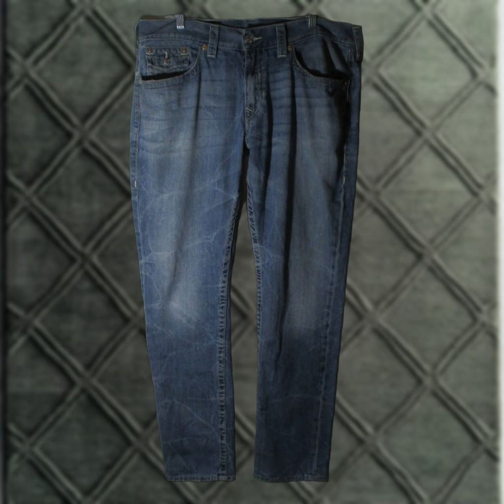 TRUE RELIGION Denim Jeans Slim Fit 38W 34L Men’s Blue Cotton 5-Pocket Straight Belt Loops 100% N/A