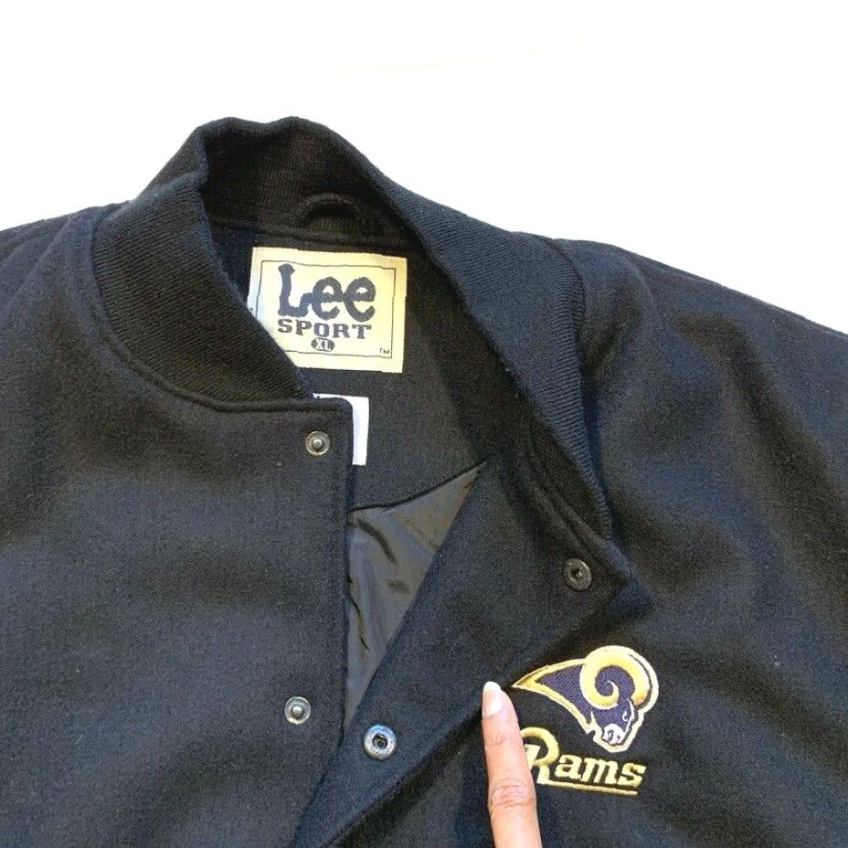 Lee VINTAGE Lee Sport Rams Wool Leather Bomber Varsity Jacket Snap XL Men's Black Wool 70%/30% Blend Rams Logo Leather Sleeves Varsity Jacket Size US XL / EU 56 / 4 - 6 Thumbnail