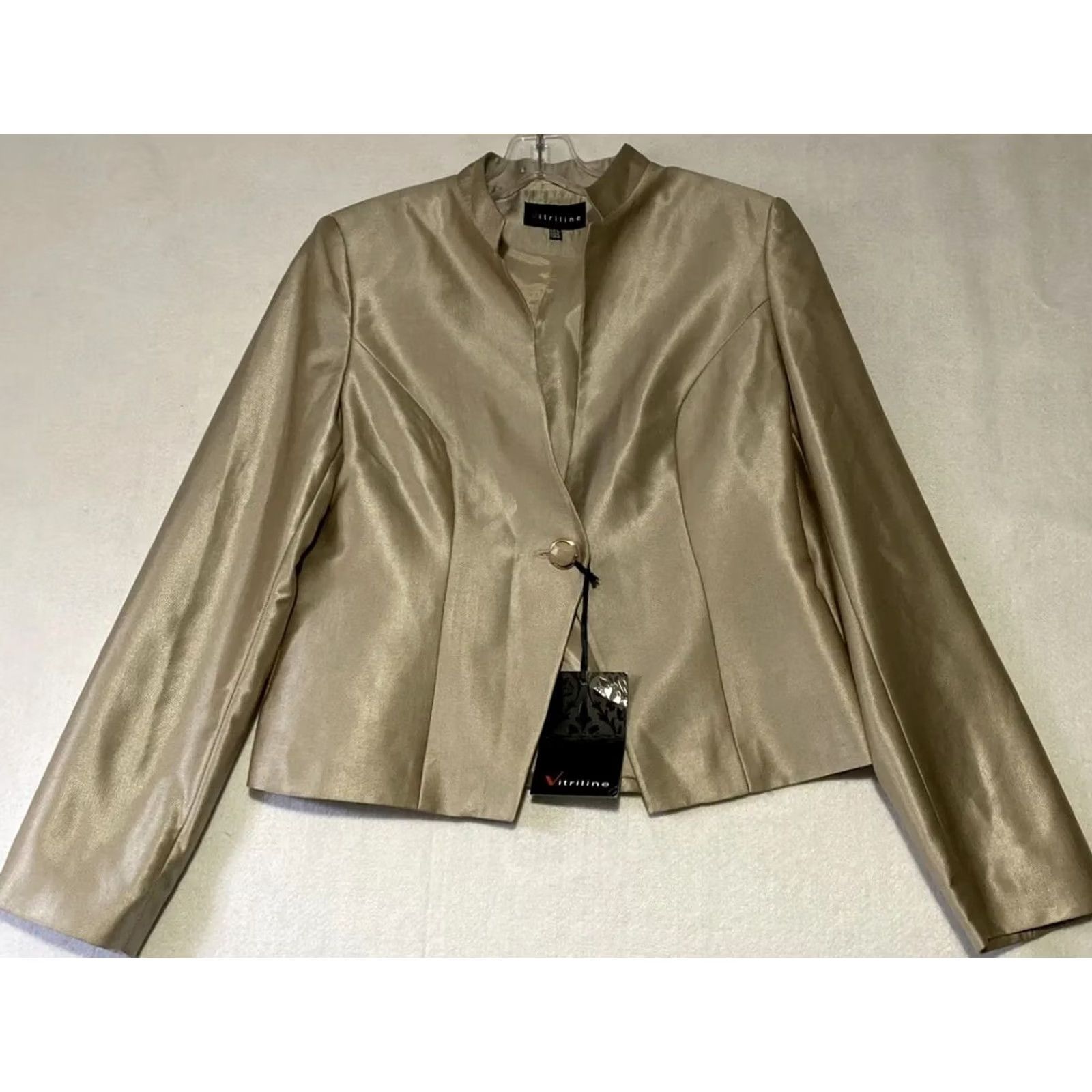 Vintage Vitriline Blazer Suit Jacket Women’s XL Workwear GOLD shinny / 28-30 Tan Leather Notch Lapel Lined Single-Breasted/Front Flat Front Size XL / US 12-14 / IT 48-50 - 2 Thumbnail