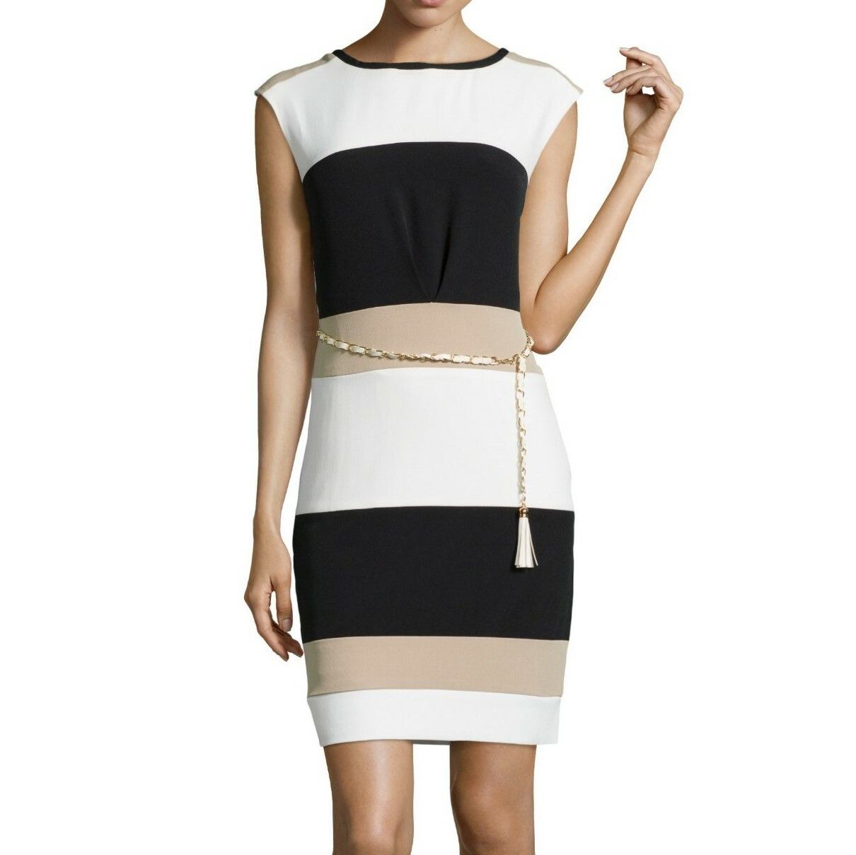 Other SD Collection Neutral Stretch Crepe Color Block Sheath Dress Size M / US 6-8 / IT 42-44 - 2 Thumbnail