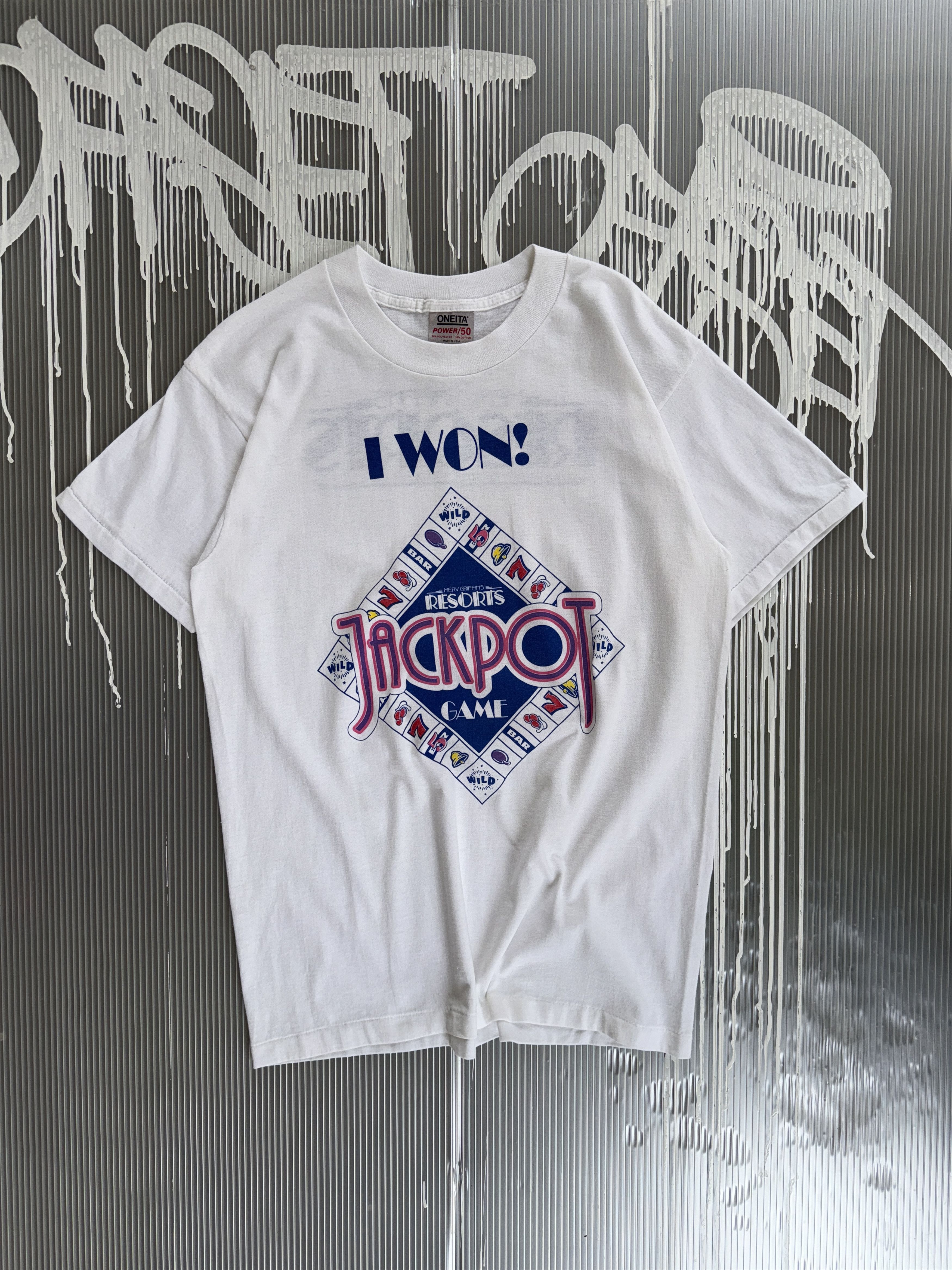 Vintage I won jackpot oneita power vintage white t-shirt - L Size US L / EU 52-54 / 3 - 1 Thumbnail