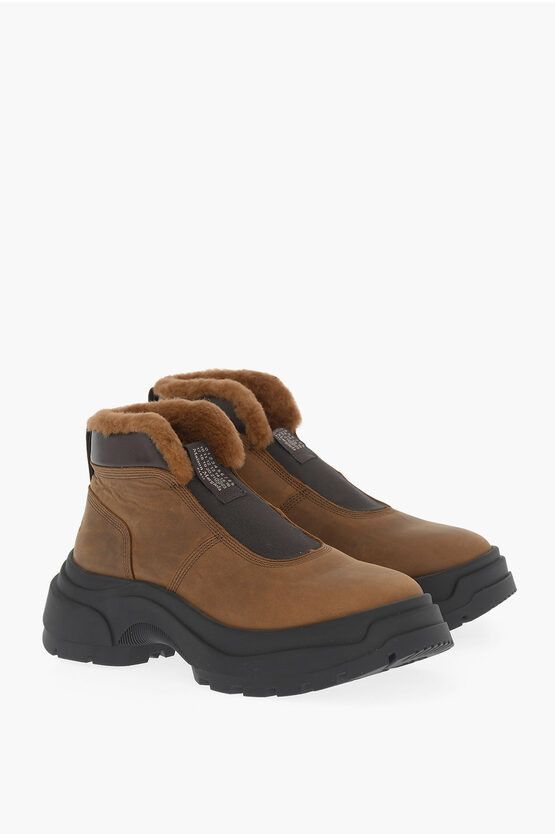 image of Maison Margiela Mm22 Leather Slip-On Sneakers With Fur Inner in Brown, Women's (Size 5)