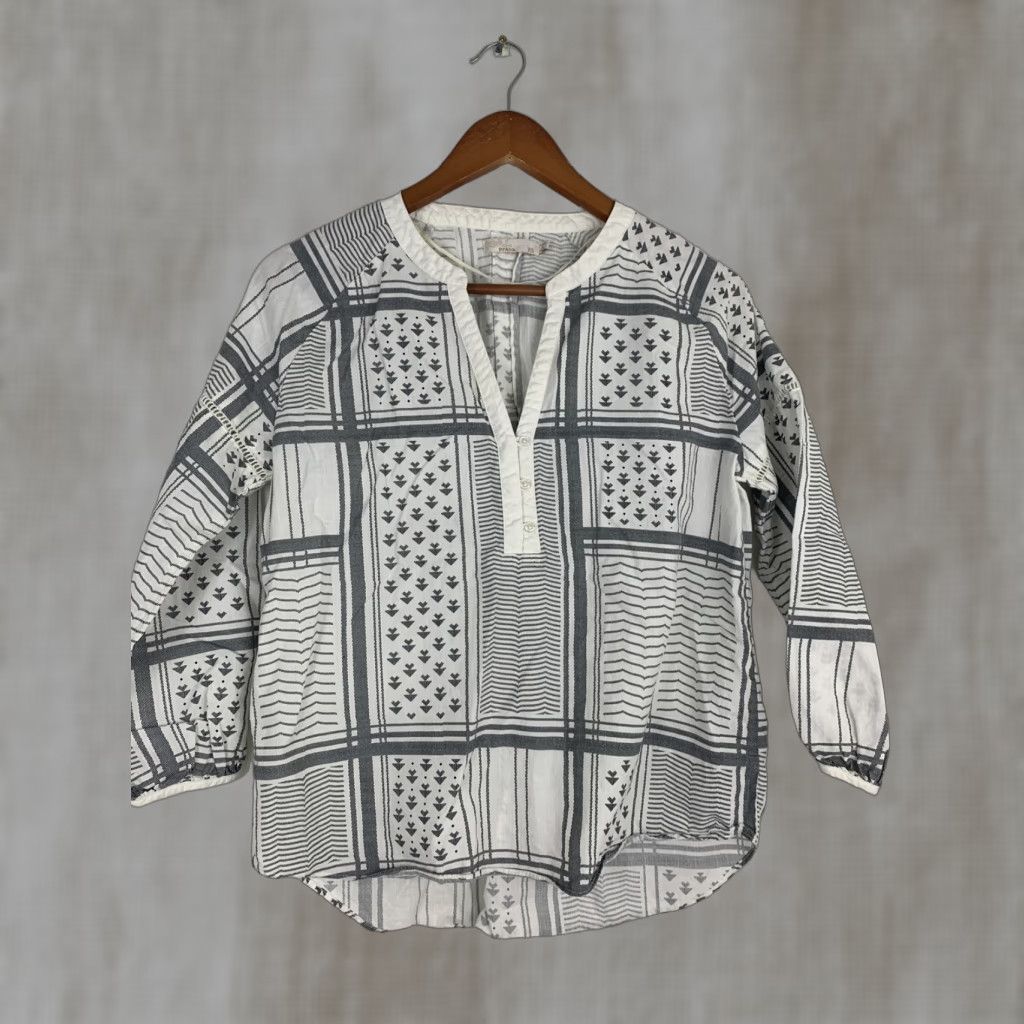 Prana prAna Womens Top Blouse Shirt XS Peasant White Gray 3/4 Sleeve V-Neck Knit Cotton Casual Size XS / US 0-2 / IT 36-38 - 1 Thumbnail