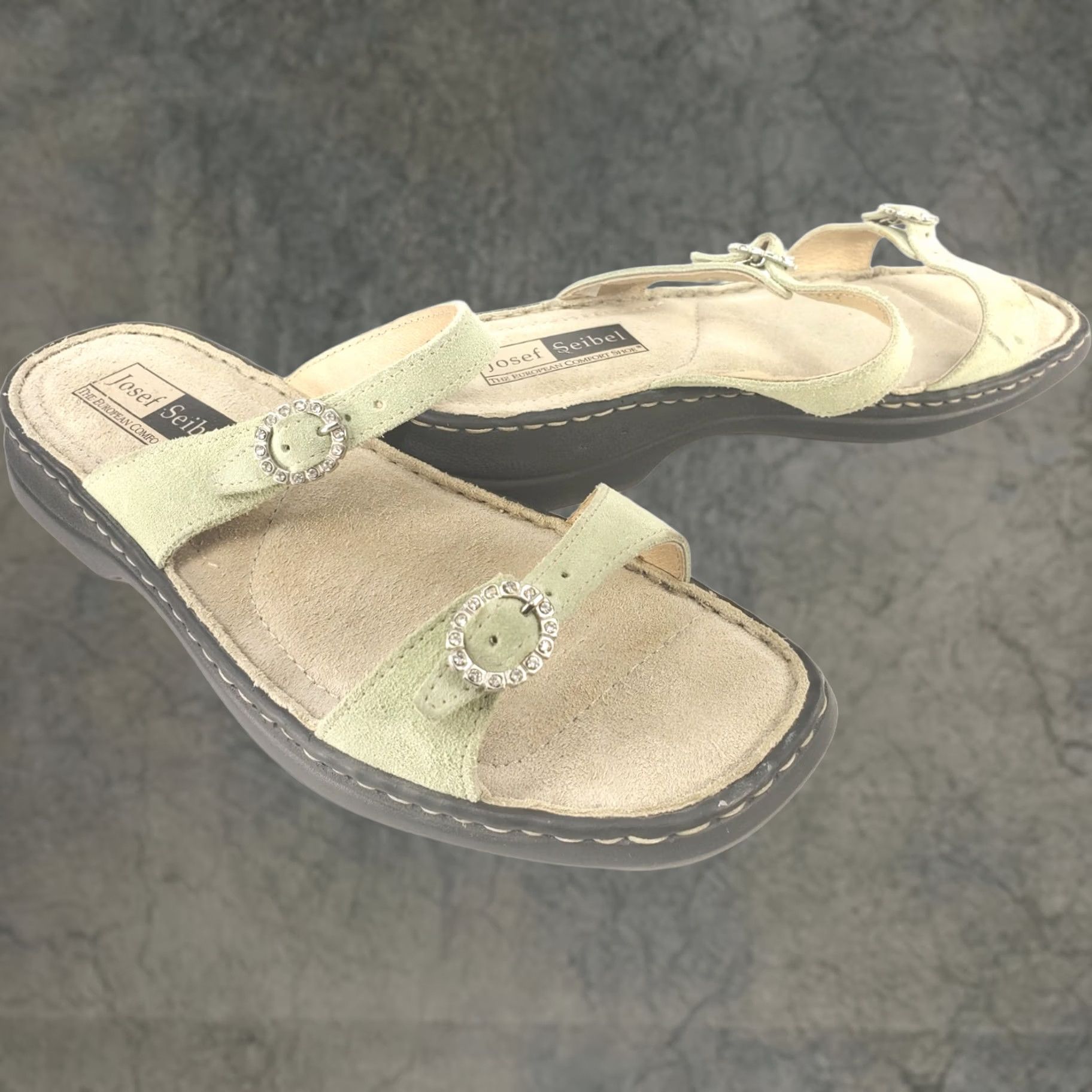 Vintage Josef Seibel Slide Sandals Womens 7.5 Mint Green Suede Buckle Strap Casual Wedding Party Travel Style Size US 8 / IT 38 - 1 Thumbnail
