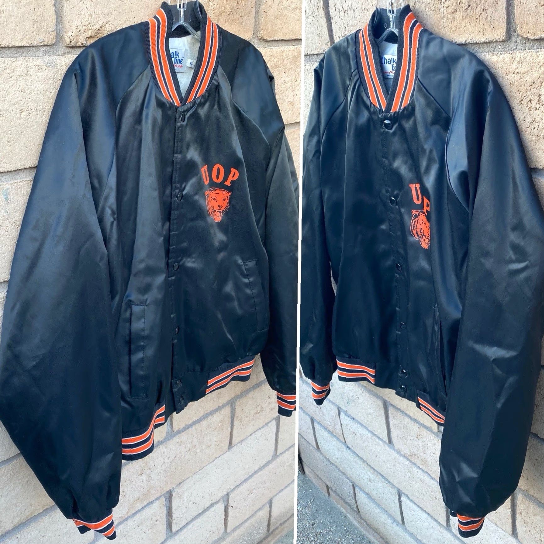 Chalk Line VINTAGE Chalkline UOP Tigers Satin Bomber Jacket Raglan Snap Front USA Made XL Jacket Men Black Satin Nylon Logo Lined USA USA University Cats 90s? Size US XL / EU 56 / 4 - 2 Thumbnail