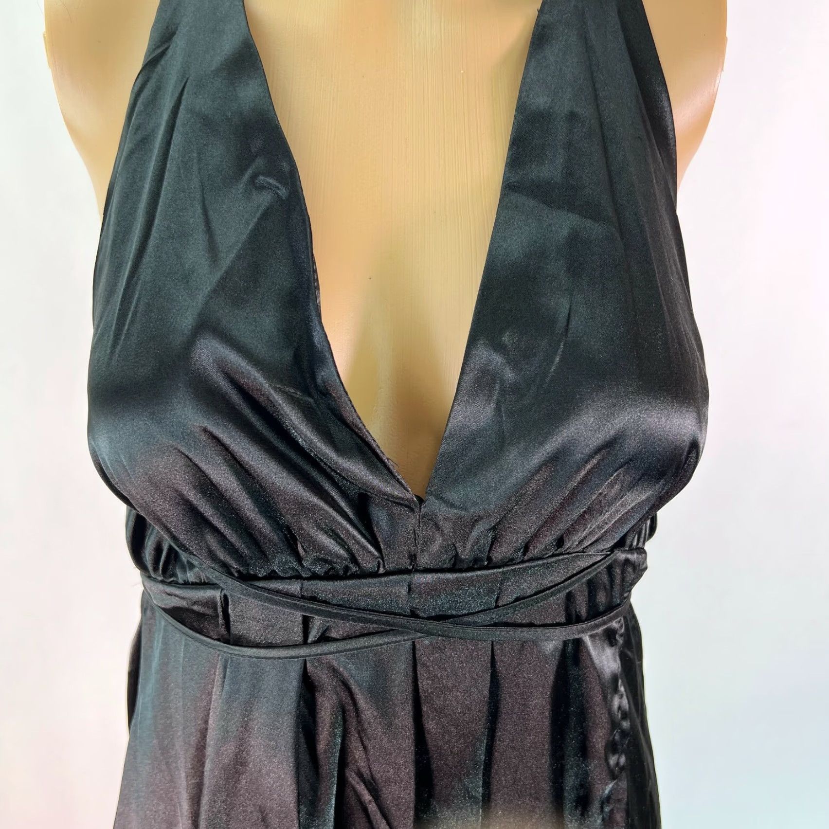 Shein Womens Shein Plunge Neck Crisscross Back Satin Black Dress XS Size Maxi Length 43 in Sleeve Halter Lace Accents Solid Color Designer Brand Shien Size XS / US 0-2 / IT 36-38 - 4 Thumbnail