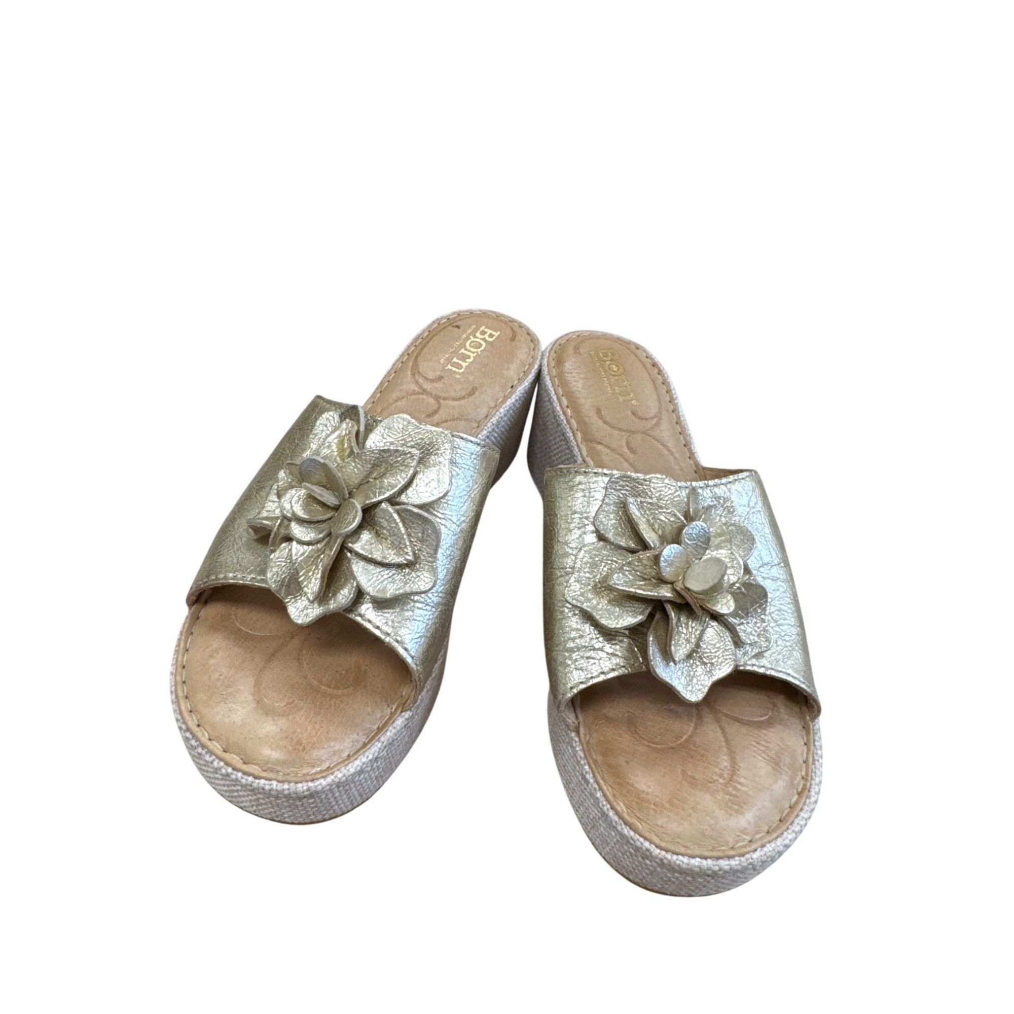 Born Born Womens Metallic Gold Floral Leather Wedge Sandals Size Size US 6 / IT 36 - 13 Thumbnail