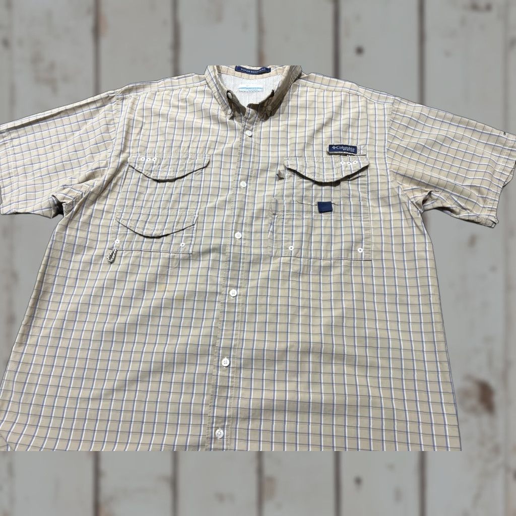 Vintage Columbia PFG Omni-Shade Bonehead Shirt Mens Large Plaid Short Sleeve Beige Cotton Polyester Outdoorsman UV Breathable Fishing Vented Pocketed Size US L / EU 52-54 / 3 - 1 Thumbnail
