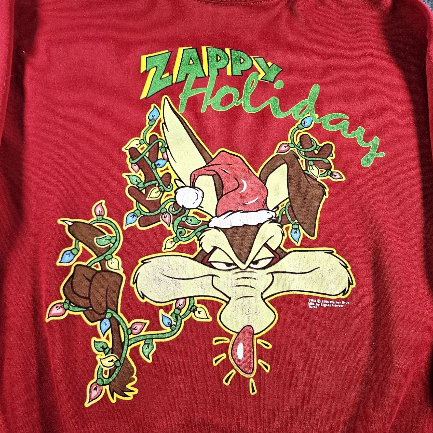 Vintage VINTAGE Signal Artwear Sweatshirt Wile E. Coyote Graphic Print Red 90s Christmas Mens Large L Pullover Fleece Holiday Pattern Size US L / EU 52-54 / 3 - 2 Thumbnail