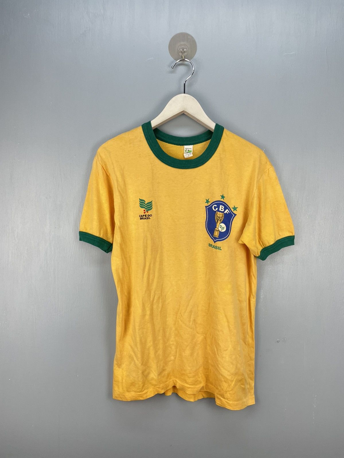 image of Soccer Jersey x Vintage 90's Brasil Football Ringer T Shirt in Yellow, Men's (Size Medium)
