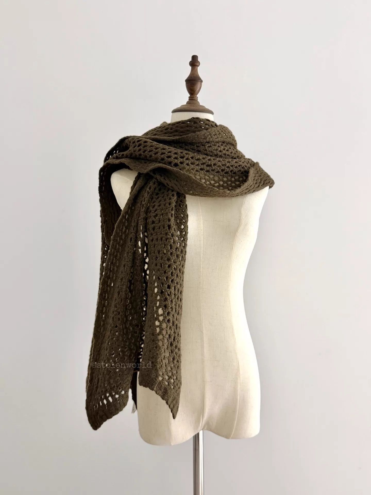 Yohji Yamamoto Yohji Yamamoto Y's Crochet Mesh Wool Scarf Moss Brown Size ONE SIZE - 1 Thumbnail