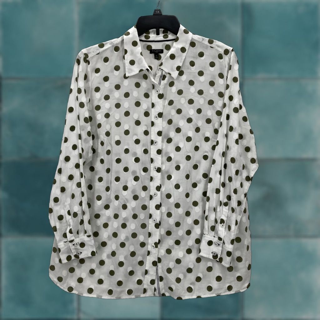 Talbots Talbots Shirt Womens 1X White Olive Green Polka Dot Button Front Summer Casual Shirt Size XL / US 12-14 / IT 48-50 - 1 Thumbnail