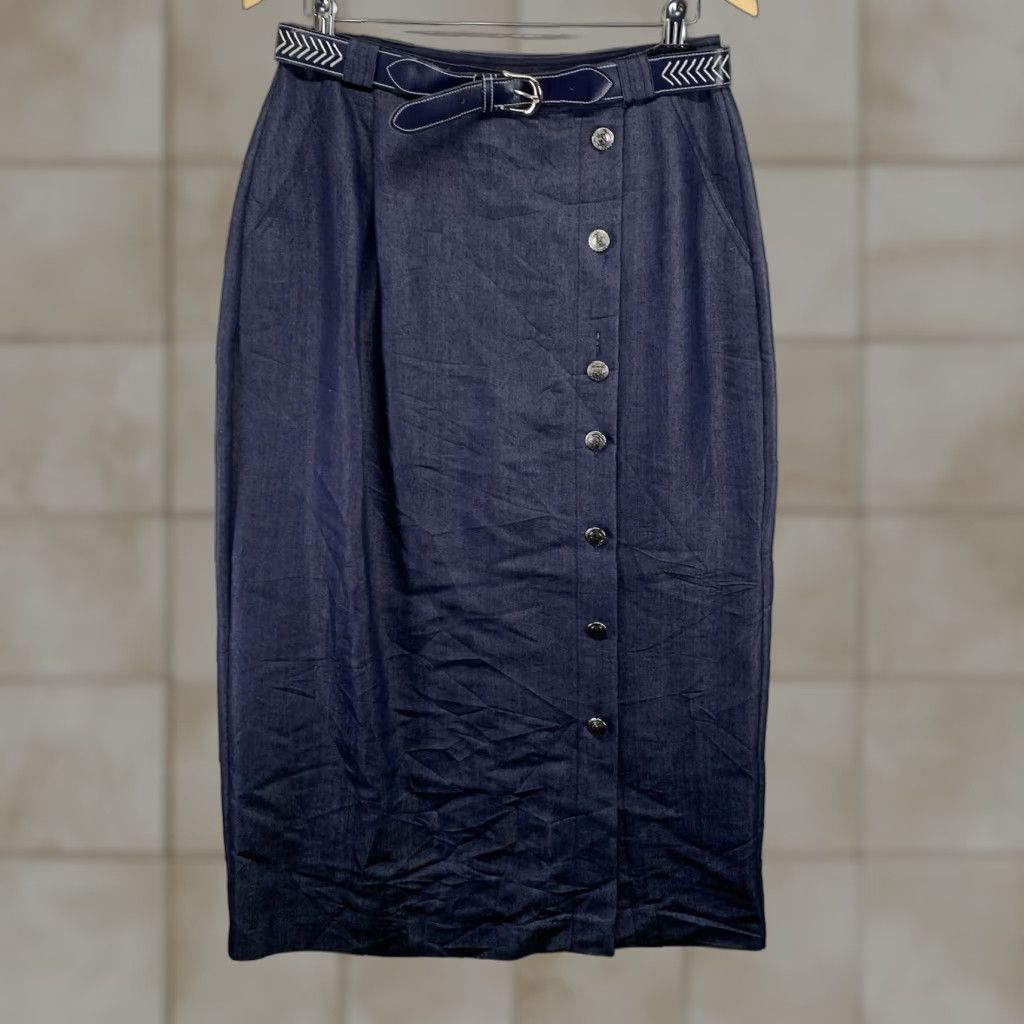 Vintage VINTAGE SK & COMPANY Indigo Blue Midi Skirt 14 Buttons Belted Pockets A-Line Womens Regular 14 Blue 90s Southwestern Style Size 36" / US 14 / IT 50 - 1 Thumbnail