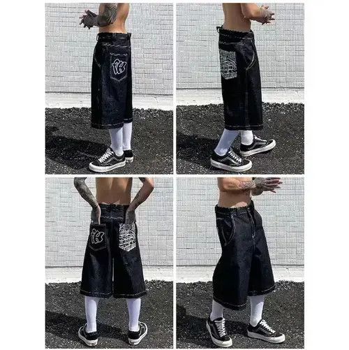 Japanese Brand Blue Color Hip Hop Pockets Embroidery Print SHort Jean Size US 32 / EU 48 - 3 Thumbnail