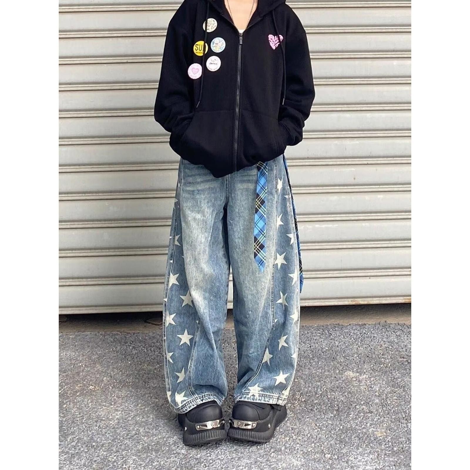 Vintage Blue Star Print Wide Leg Jeans, Baggy Denim Pants Size 28" / US 6 / IT 42 - 6 Thumbnail