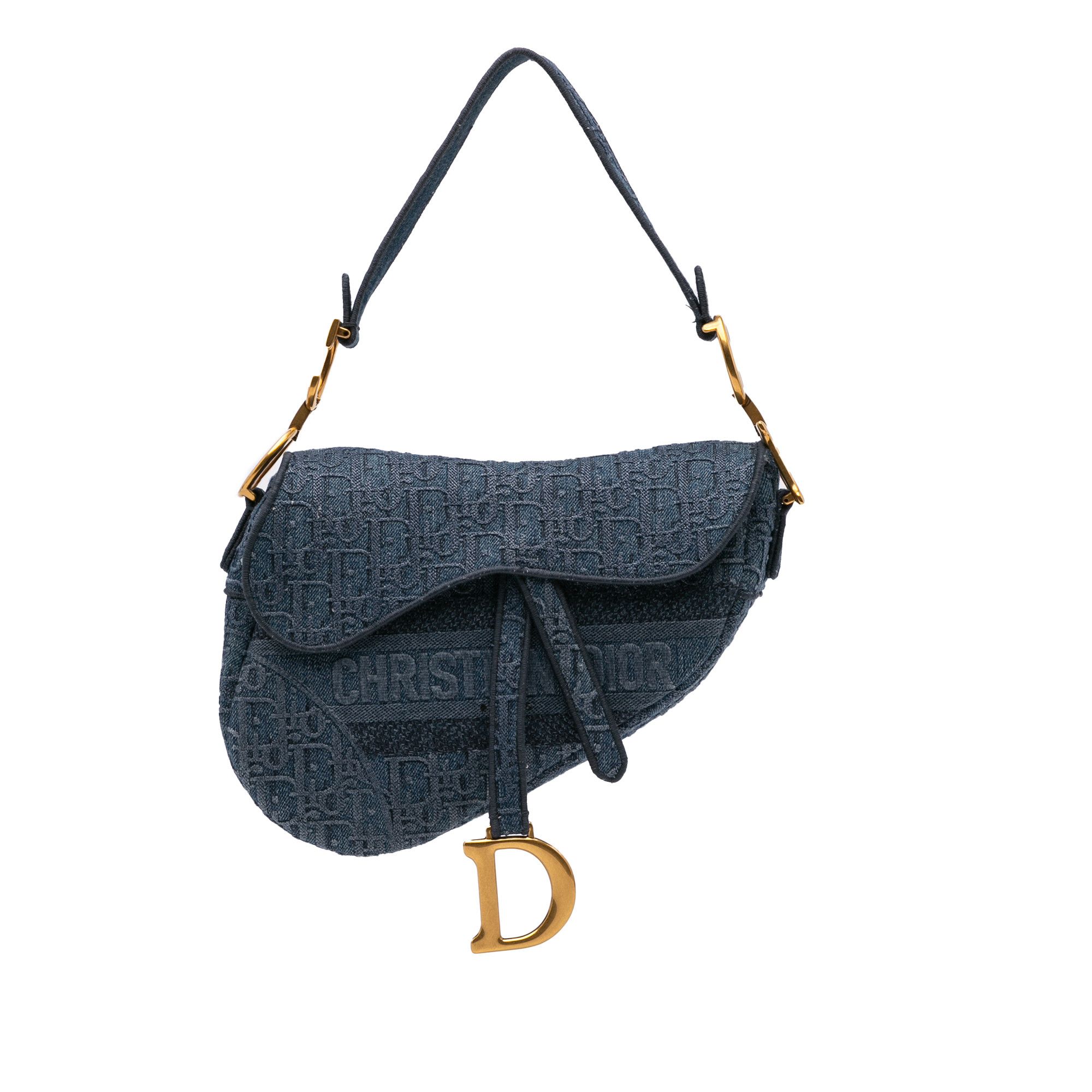 Dior Oblique Embroidered Denim Saddle Bag in Blue, Women's