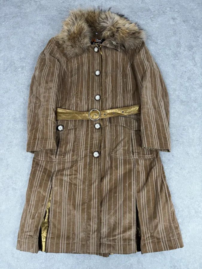 Dolce & Gabbana 2000s Dolce & Gabbana Fur Collar Beige Corduroy Long Jacket Size S / US 4 / IT 40 - 1 Thumbnail