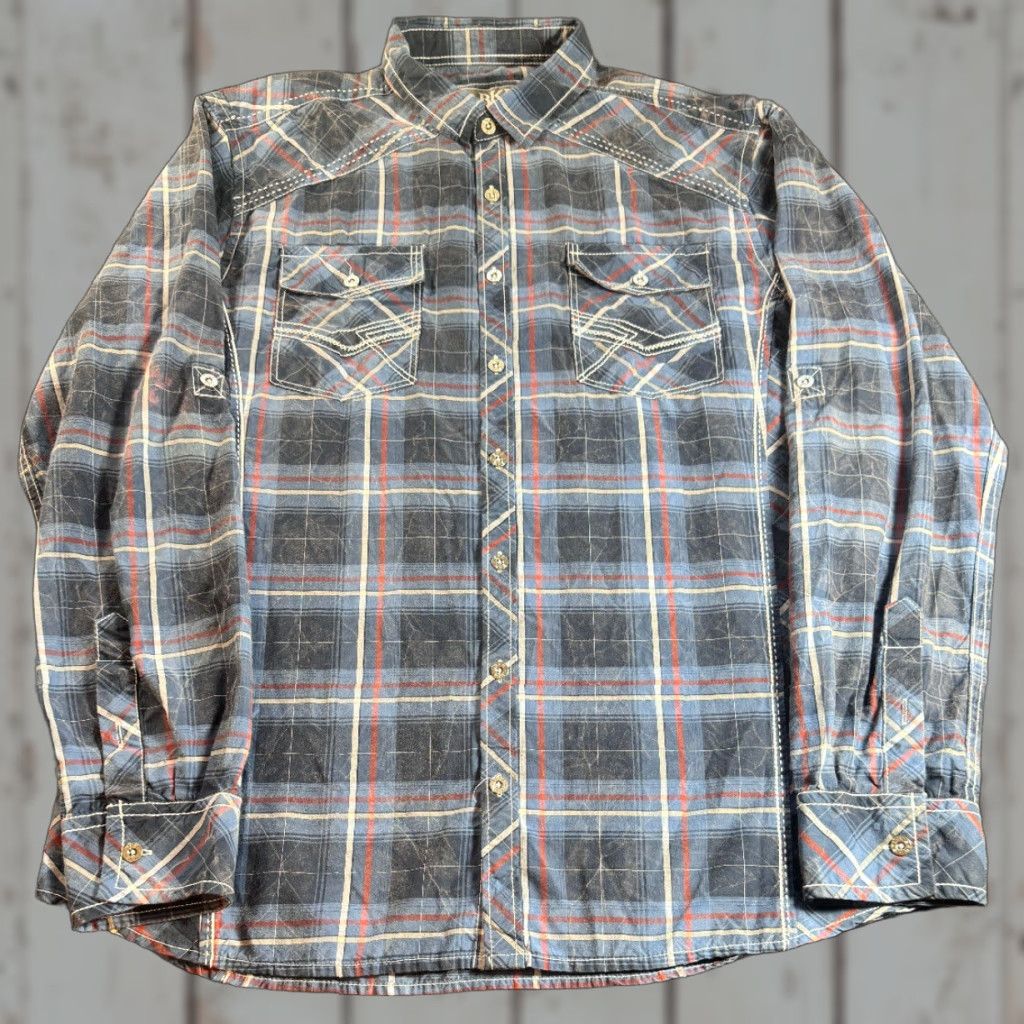 BKE VINTAGE BKE Long Sleeve Metal Button Up Men's Large White Blue Grey Plaid Shirt 1775 Size US L / EU 52-54 / 3 - 1 Thumbnail