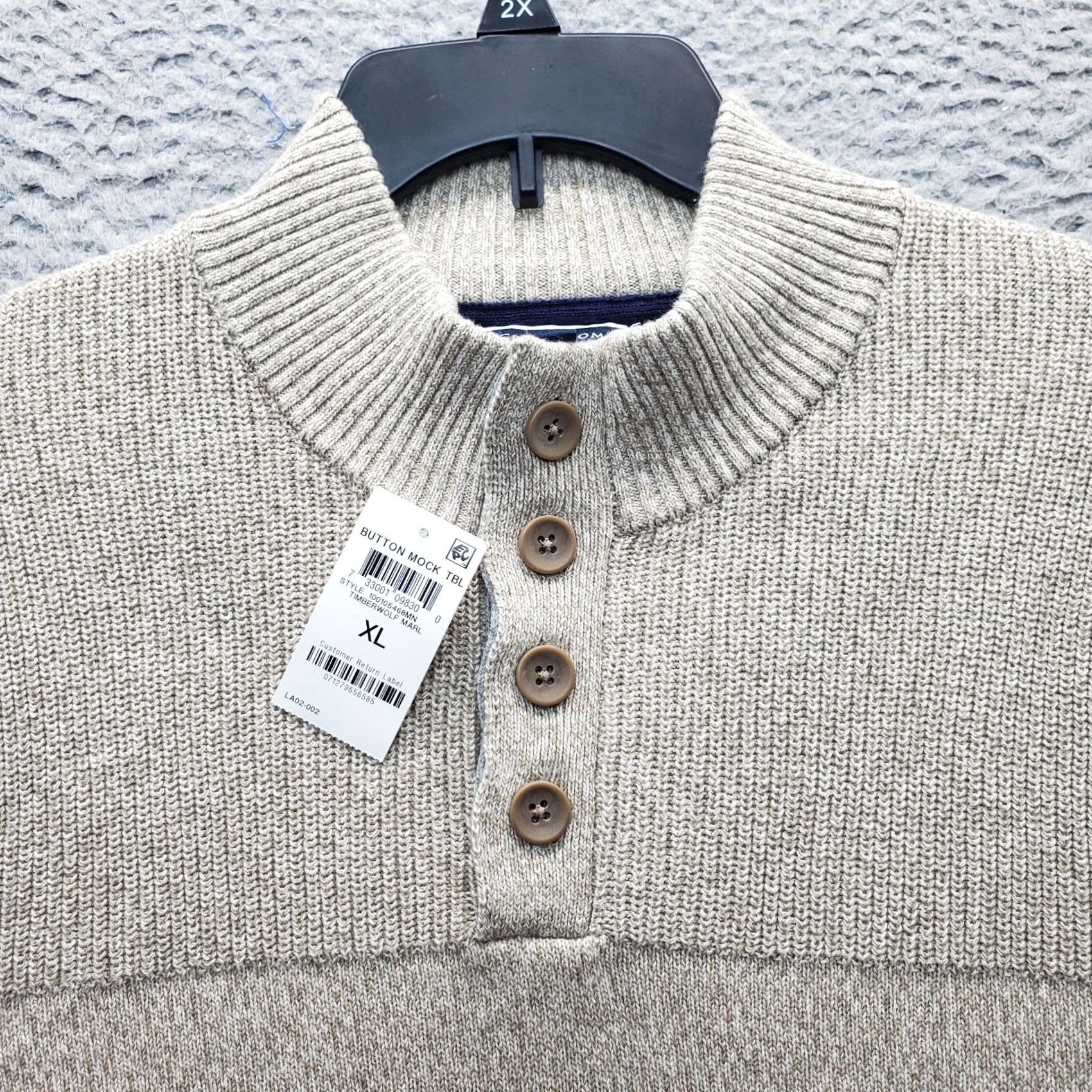 Club Room Club Room Mens XL Sweater Knit Mock Neck 1/4 Button Brown Wool-Free Timberwolf Marled Crew Casual/Travel Size US XL / EU 56 / 4 - 5 Thumbnail