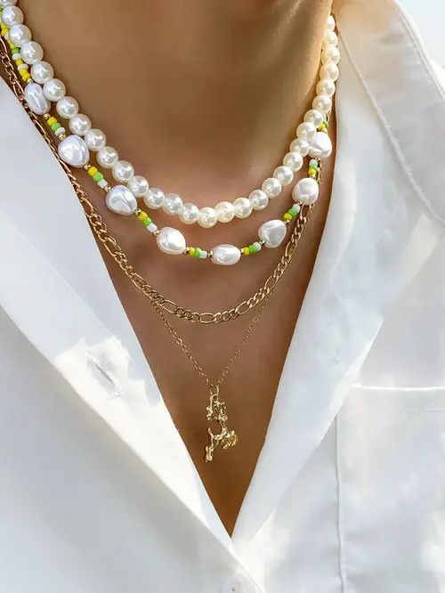 Jewelry Retro Punk Pearl Necklace Chain 4pc Set Size ONE SIZE - 2 Thumbnail