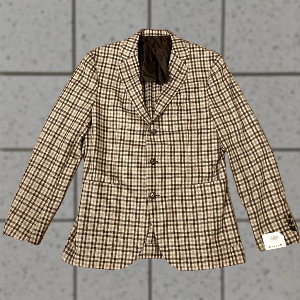 Caruso Caruso Mens 38R Blazer Plaid Wool Cashmere Beige 3 Button Italy Suit Jacket Two Piece Vintage: No Mens Size 38R - 1 Thumbnail