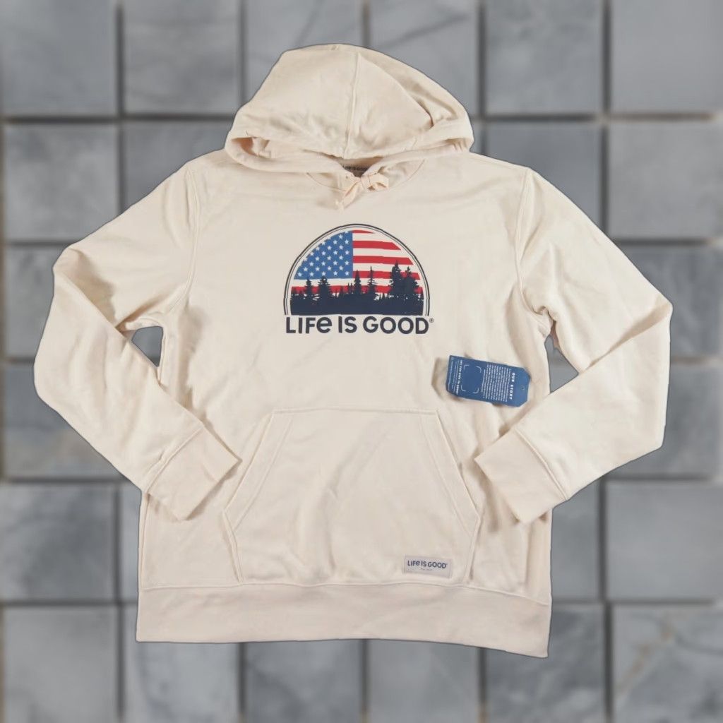 Life is Good Life Is Good Sweatshirt Mens Large Beige Cream Hoodie USA Flag Nature Outdoors Size US L / EU 52-54 / 3 - 1 Thumbnail