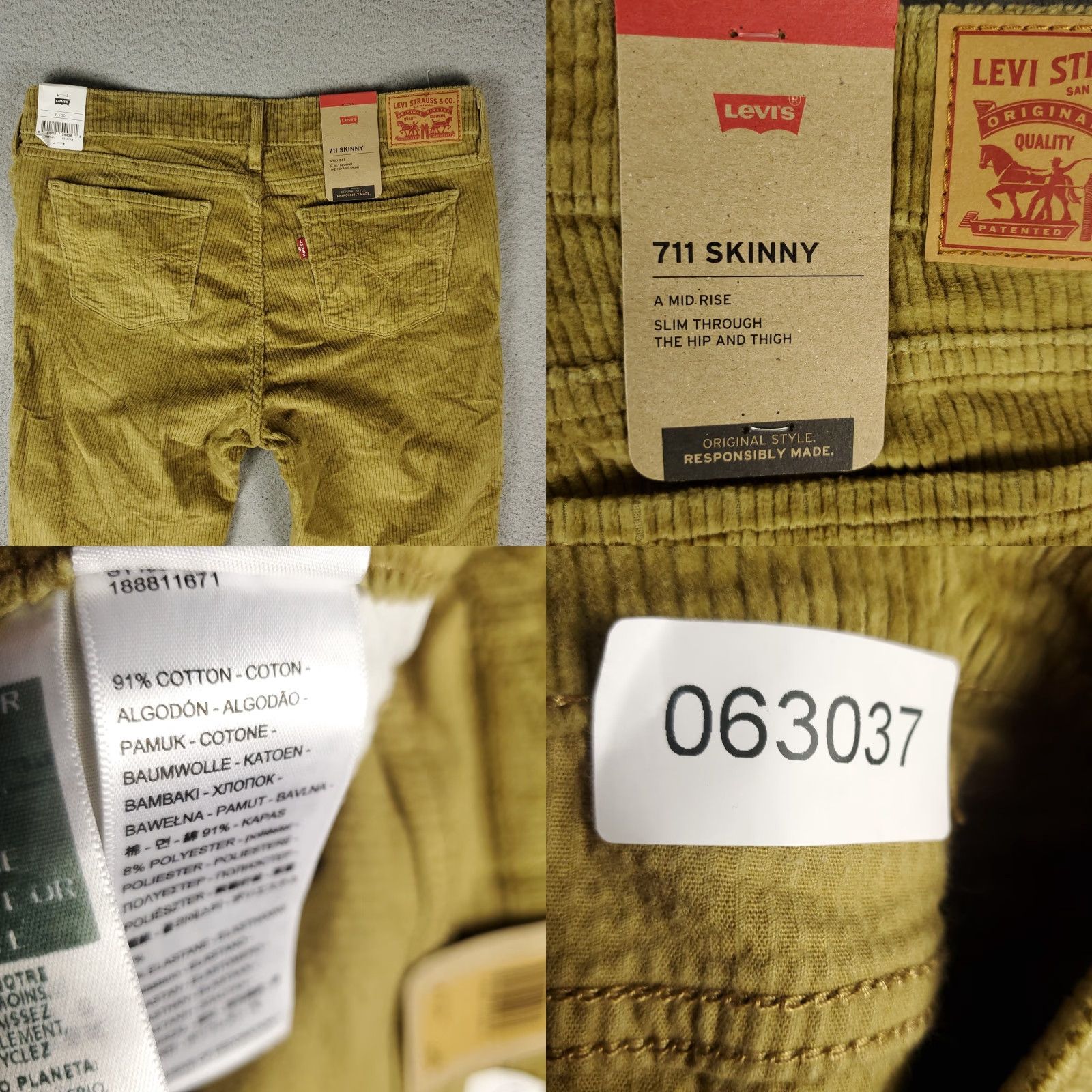 Levi's Levi's 711 Jeans Womens 31x30 Beige Corduroy Skinny Pants Classic Regular Fit Size 24" / US 00 / IT 34 - 8 Thumbnail