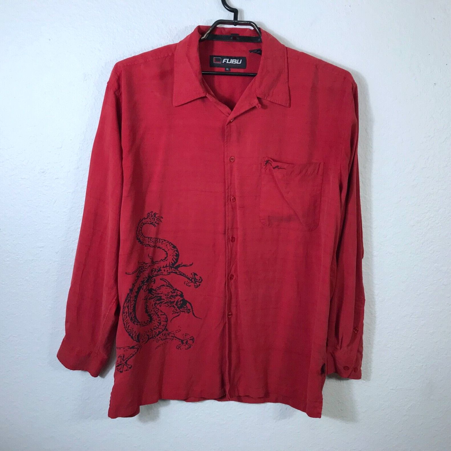 image of Fubu The Collection Shirt Men's Size XL Red Silk Dragon Long Sleeve Vintage 90's in White