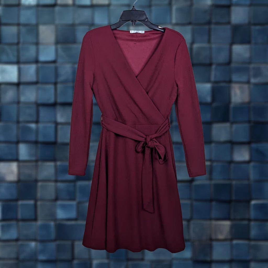 Vintage MNG BASICS Women's Dress V-Neck Long Sleeve Tie Waist A-Line XS Red Solid Dress Sz XS Womens Regular Fit & Flare Size XS / US 0-2 / IT 36-38 - 1 Thumbnail