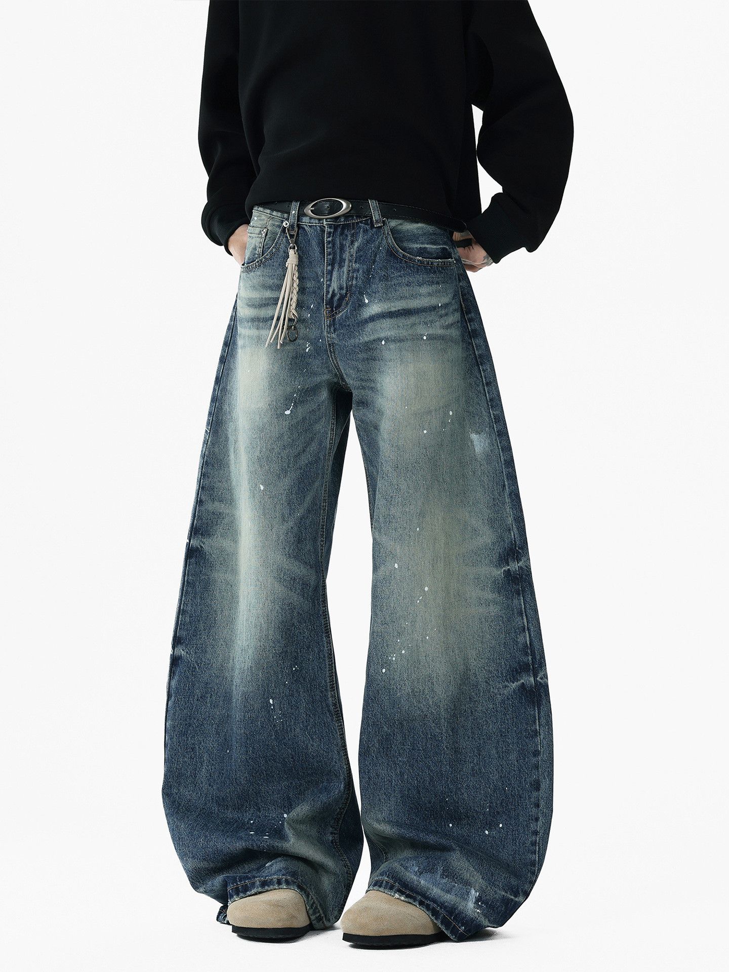 Vintage Retro washed distressed splatter ink curved jeans for men Size US 32 / EU 48 - 1 Thumbnail