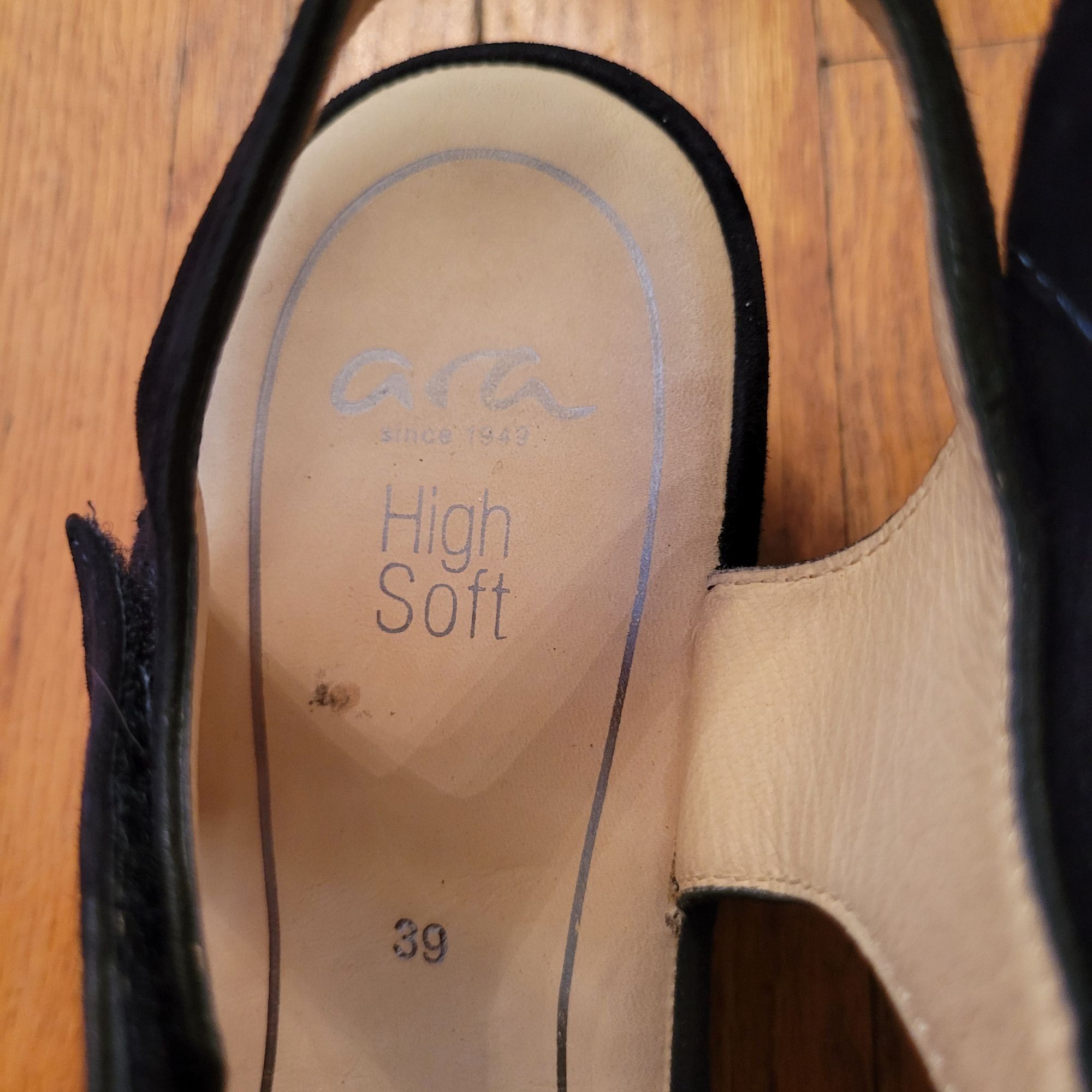 ARA Germany 39 Black Suede Leather Sandals Wedge Platform Op