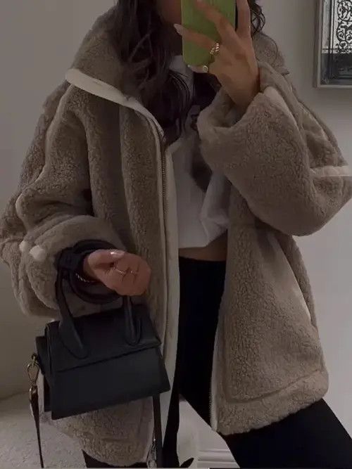 Japanese Brand Jack Lapel Lamb Wool Patchwork Jacket Women Loose Size ONE SIZE - 3 Thumbnail