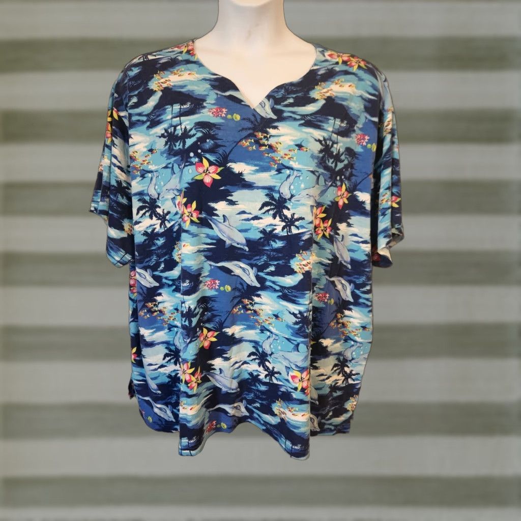 Vintage VINTAGE Fashion Bug Shirt 4X Blue Dolphin Floral Palm Tree Beachy Look Top 90s Womens Girls Mens Size XXL / US 16-18 / IT 52-54 - 1 Thumbnail