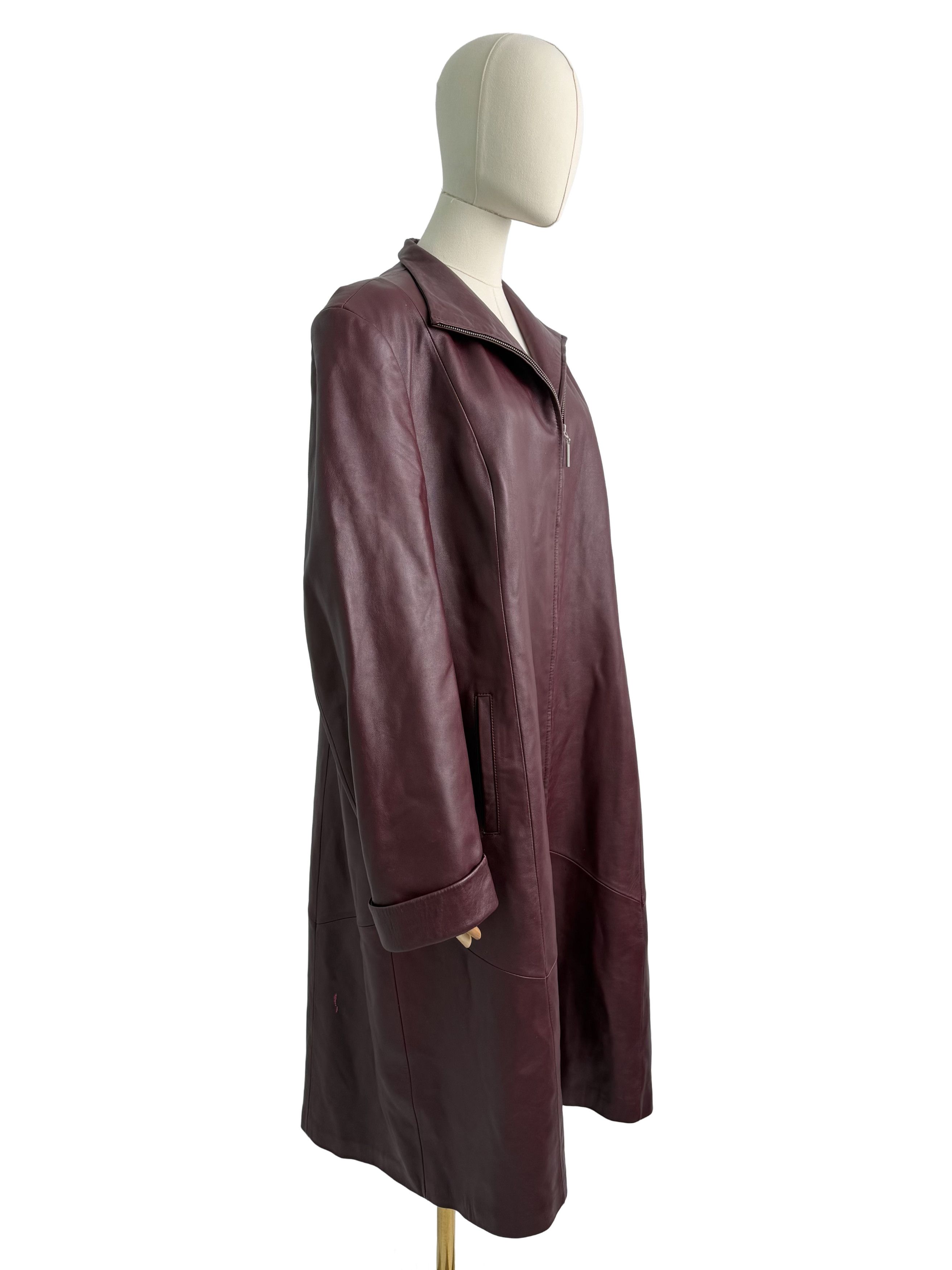 Vintage Vintage Burgundy Leather Long Coat Zip Front Minimalist Size XL / US 12-14 / IT 48-50 - 2 Thumbnail